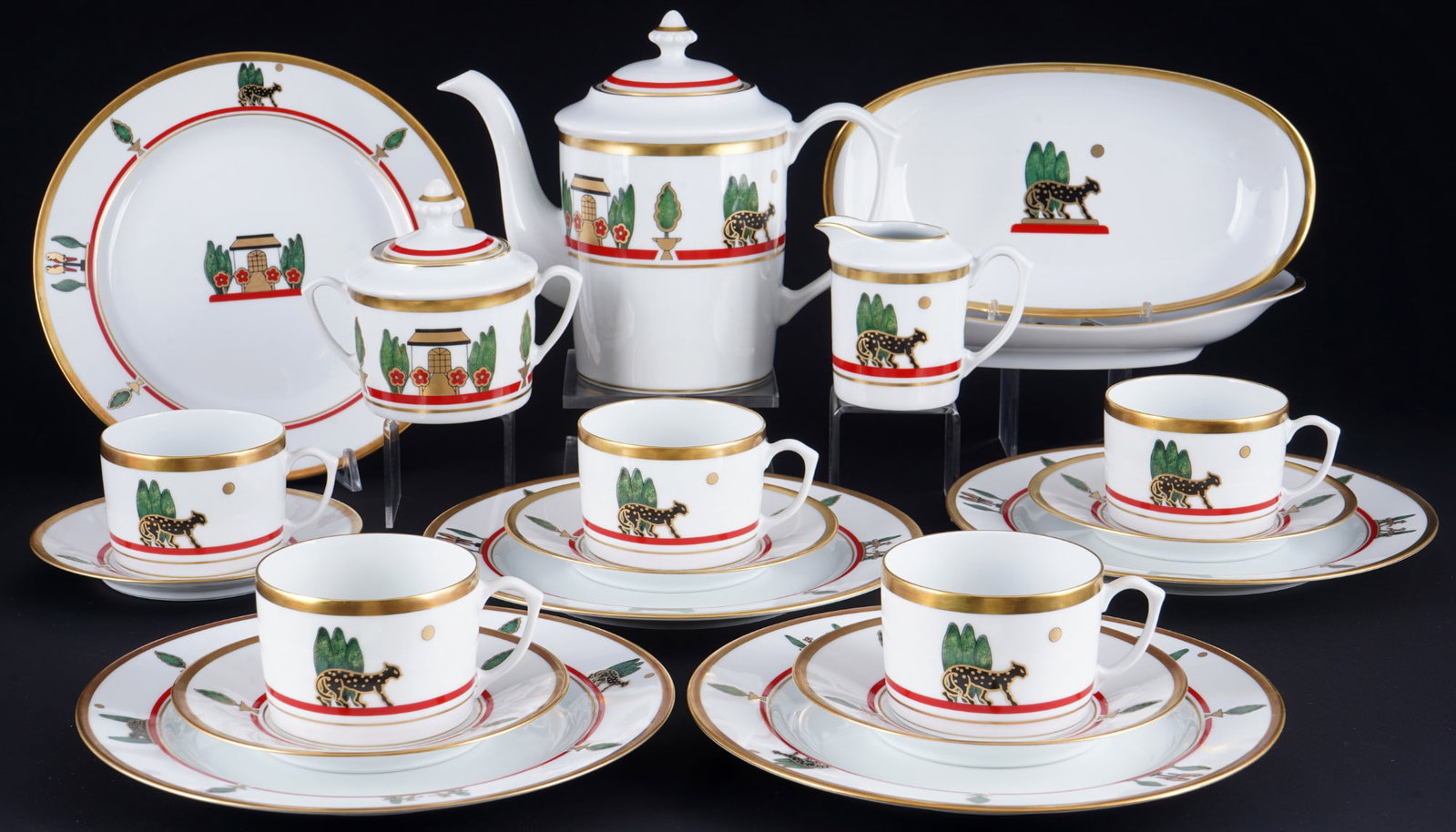 Limoges Cartier La Maison De Louis Cartier coffee service for 5 persons,: porcelain, gold/red company mark, decor La Maison De Louis Cartier by Limoges for Cartier, 1x coffee pot H 17 cm x D 11 cm, 1x milk jug H 8 cm x D 6.5 cm, 1x sugar bowl H 10.5 cm x D 8.5 cm, 5x coffee