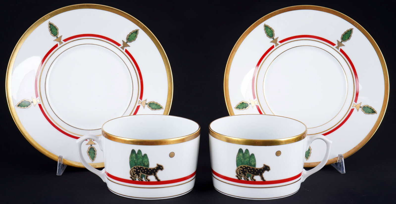 Limoges Cartier La Maison De Louis Cartier 2 large breakfast cups,: porcelain, gold/red company mark, decor La Maison De Louis by Limoges for Cartier, 2x cups H 6.5 cm x D 10 cm, 2x saucers D 18.5 cm