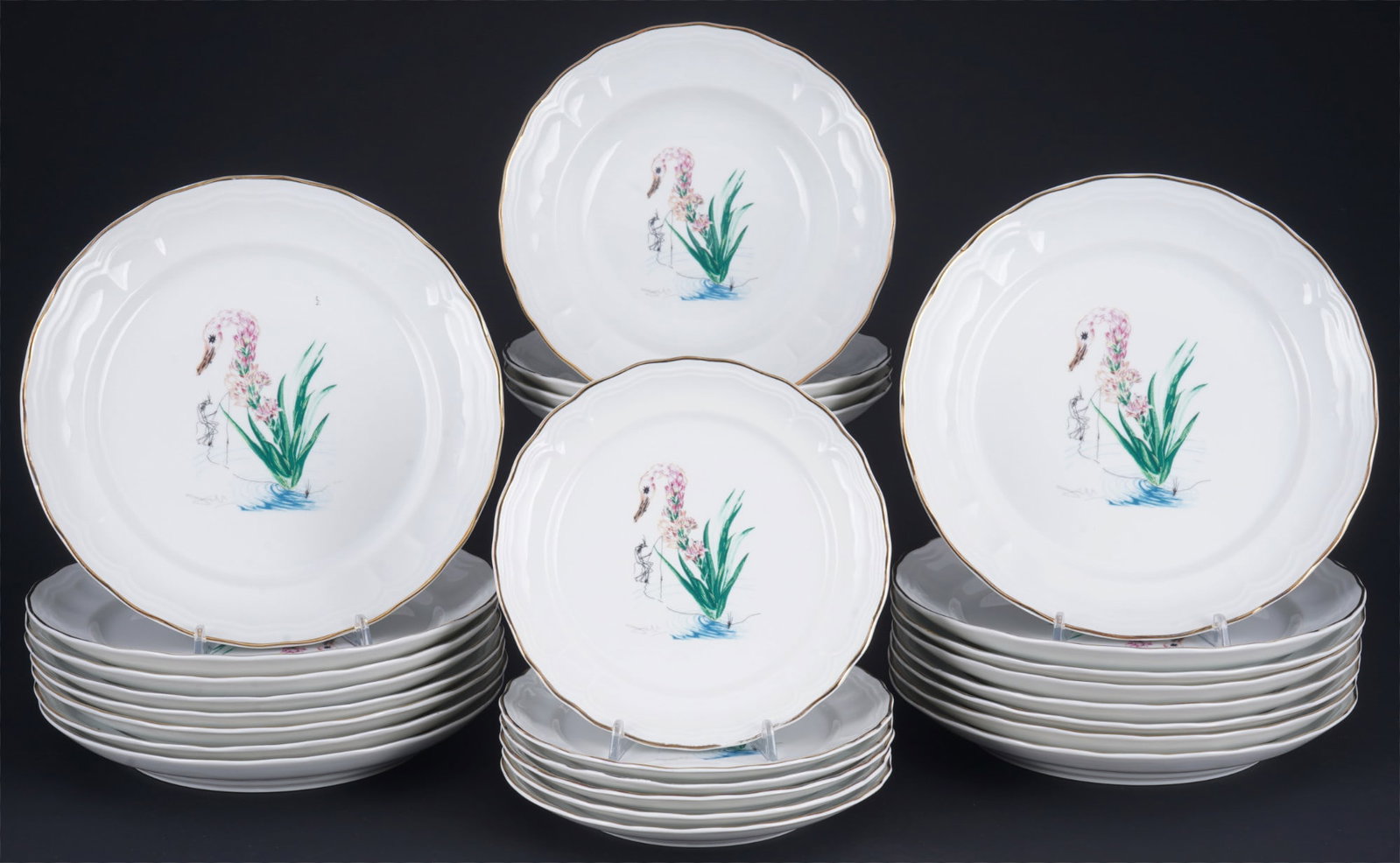 Bidasoa Salvador Flores Dalinianas 26-piece plate set,: porcelain, Spain Bidasoa, black company mark with facsimile signature of Salvador Dali, limited edition 993/999, decor Flores Dalinianas - floral swan, 16x dinner plates D 25.5 cm, 6x dessert plates D