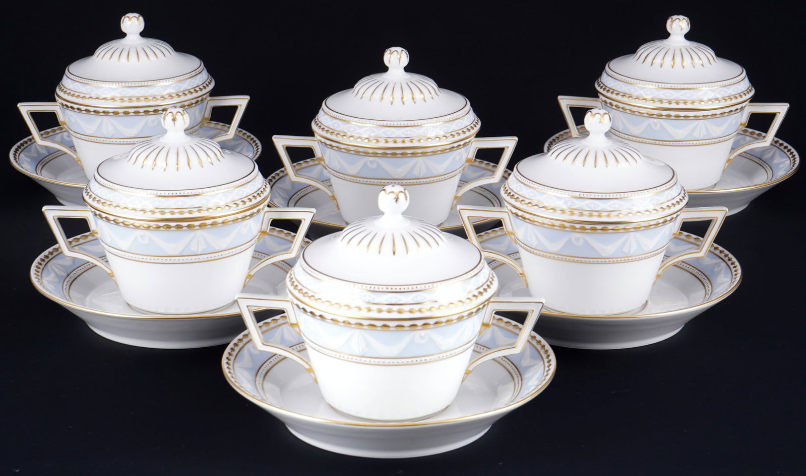 KPM Berlin Courland Light Blue 6 lidded soup bowls, (1 of 3)