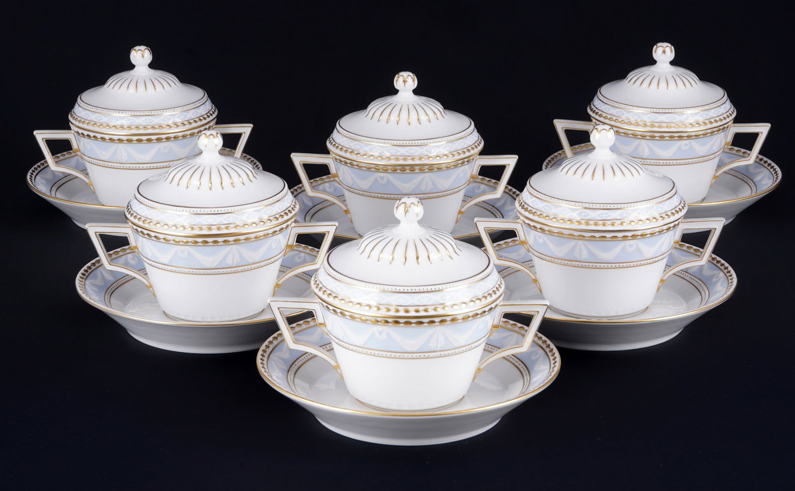 KPM Berlin Courland Light Blue 6 lidded soup bowls, (1 of 3)