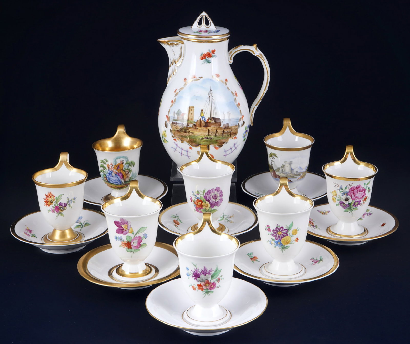 KPM Berlin 8 campaner - coffee cups with coffee pot - various decors, (1 of 7)