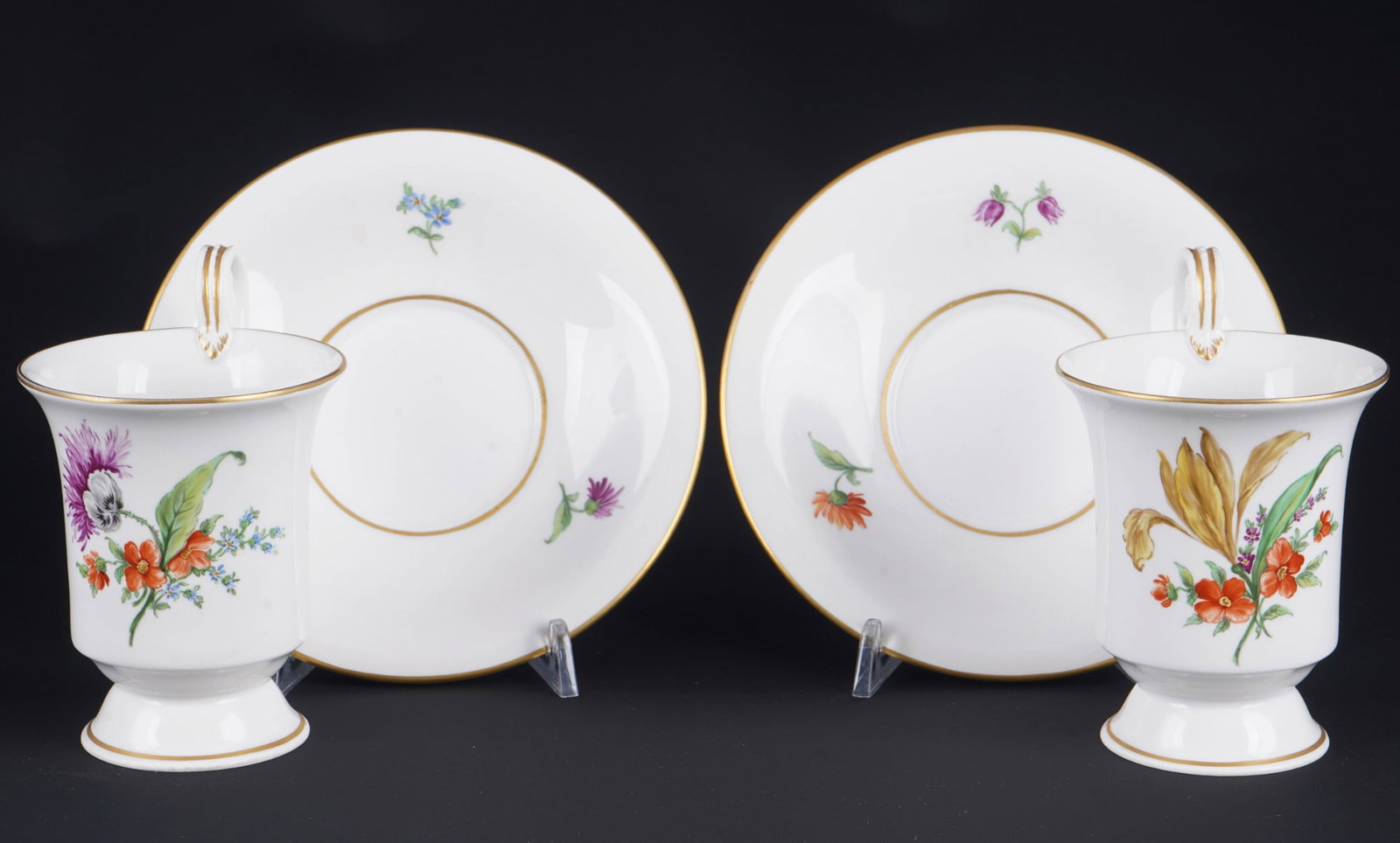 KPM Flowers with Butterflies 2 coffee cups,: porcelain, Royal porcelain Manufactory Berlin, blue scepter mark with red imperial orb, decor Flowers with Butterflies, 2x coffee cups H 12 cm x D 8 cm, 2x saucers D 15.5 cm