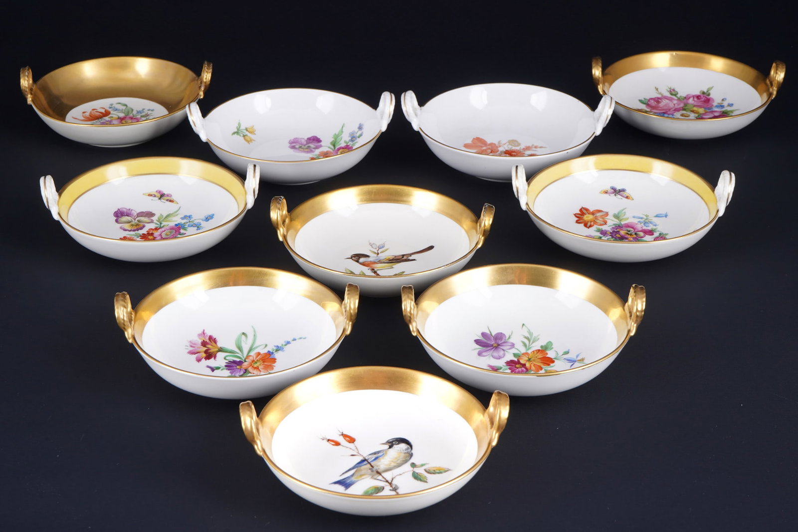 KPM Flowers / Bird 10 handled bowls, (1 of 4)