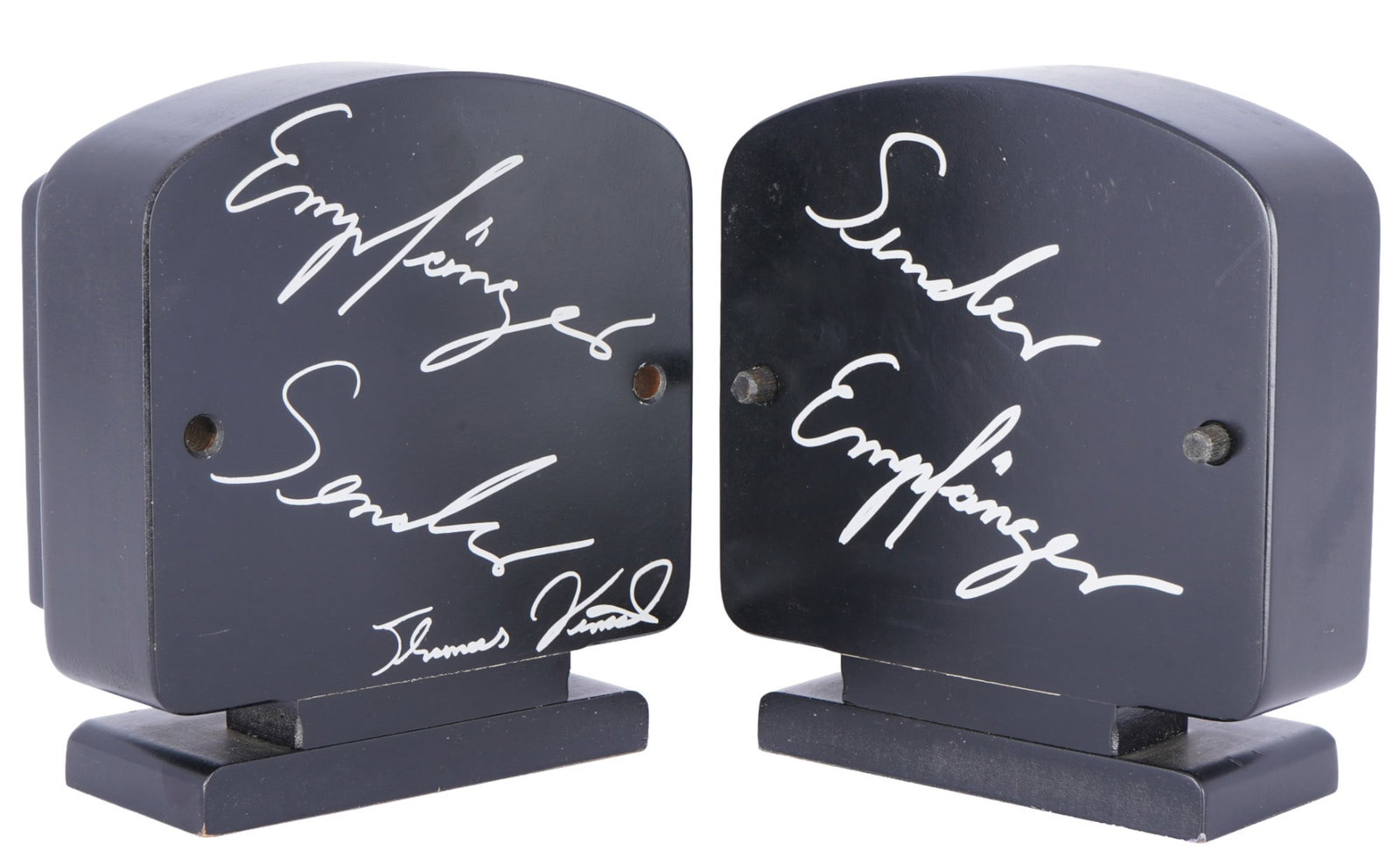 Thomas Virnich (*1957) receiver transmitter 1983,: two-part wooden object, black lacquered, hand-signed by Thomas Virnich, german sculptor and painter born 1957 in Eschweiler, abstract television-like form for assembly, edition of 800 copies as well