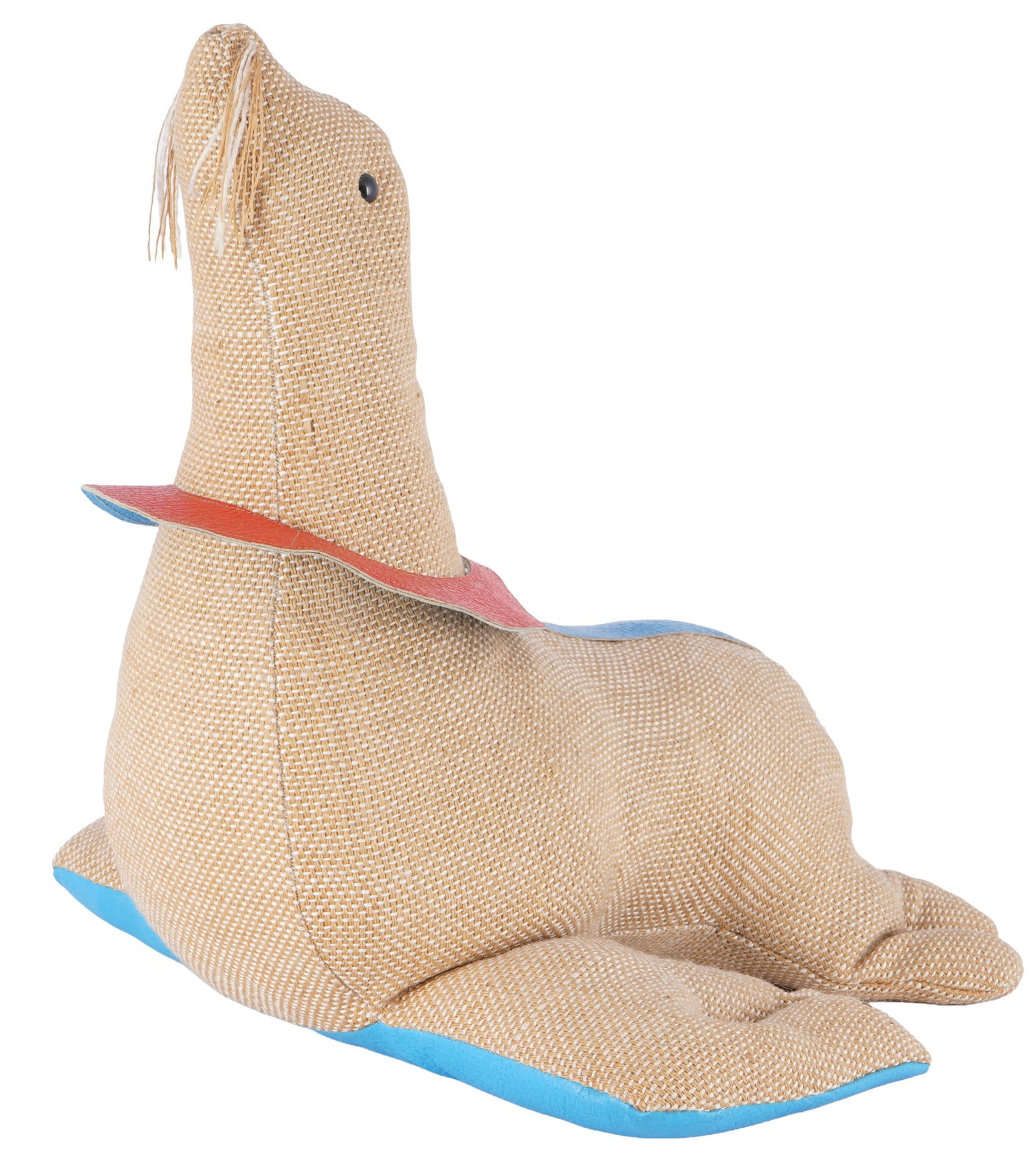 Renate MULLER (*1945) Robbe: Sonneberg, circa 1993, therapeutic toy in the shape of a seal, body made of burlap and blue and red leather, H 43 cm x L 42 cm x W 43 cm