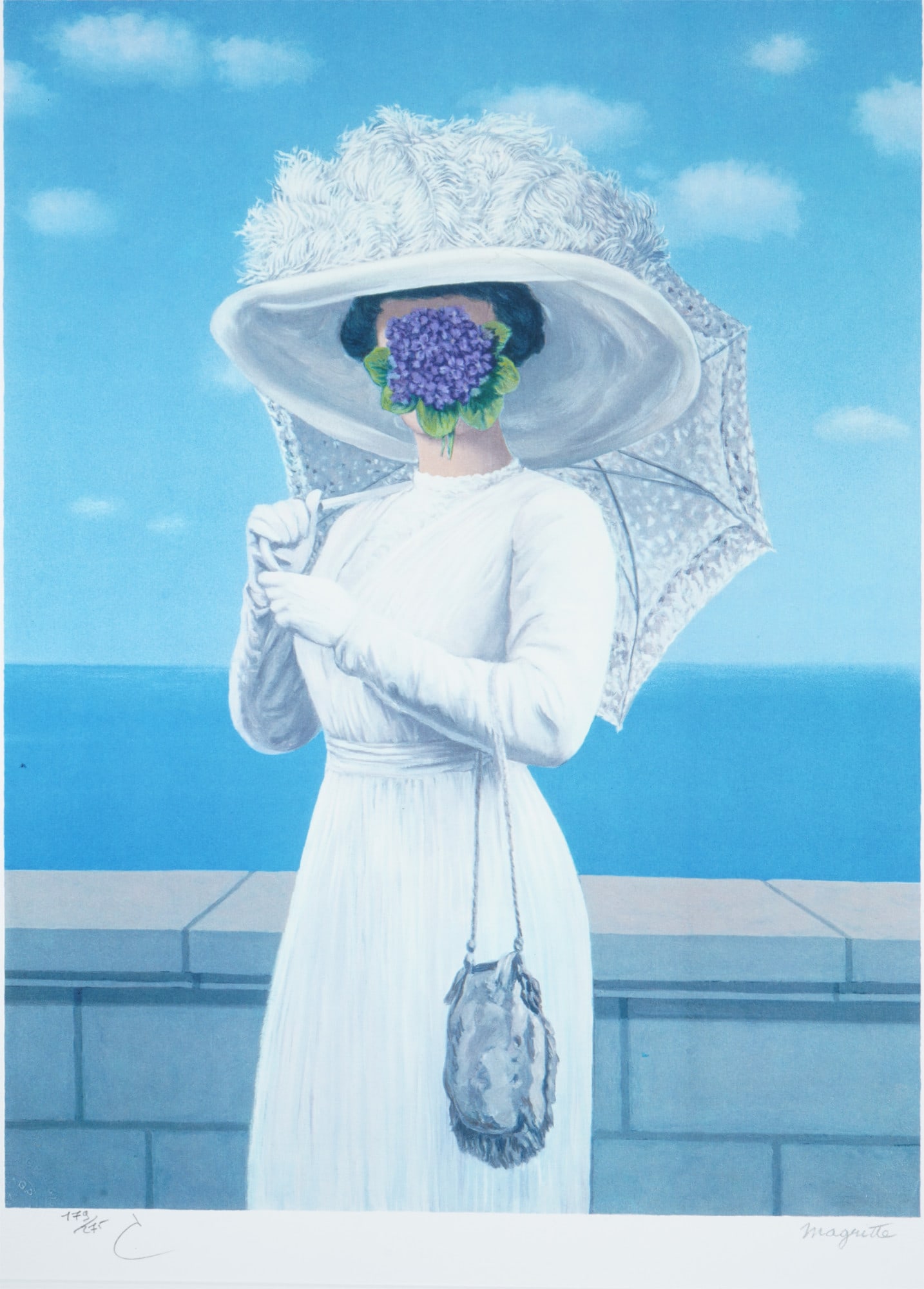 Rene MAGRITTE (1898-1967) Surrealist Lady by the Sea,: Color lithograph on paper, signed Magritte lower right and numbered 179/275 lower left, also with blind stamp ADAGP and Succession Magritte, Belgian Surrealist painter, born 1898 in Lessines - 1967