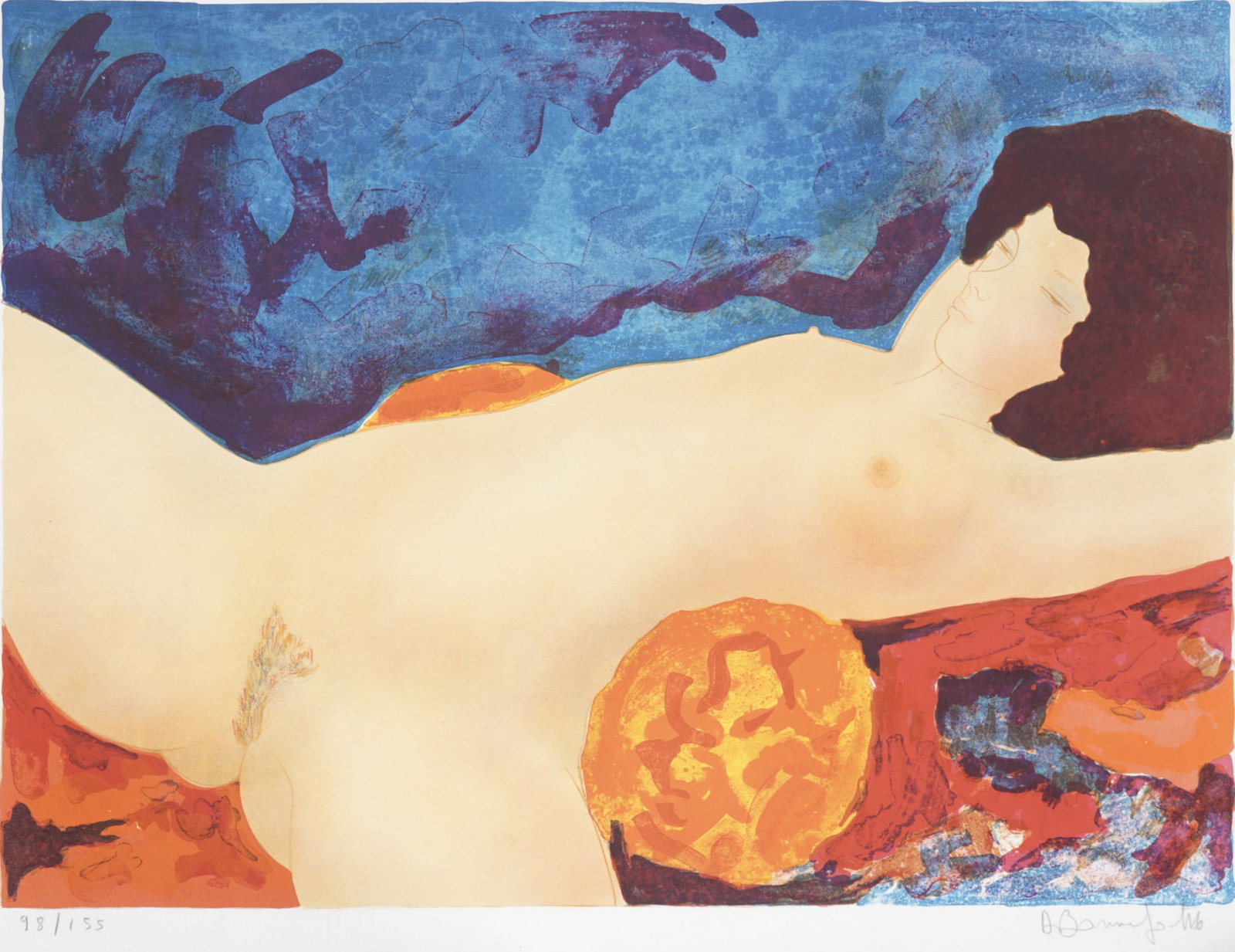 Alain BONNEFOIT (1937) reclining female nude,: Color lithograph on paper, signed lower right A. Bonnefoit and numbered 98/155 on the left, French painter and sculptor born 1937 in Paris, sheet 49 cm x W 65 cm