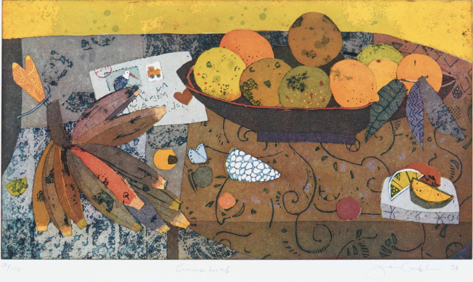 Jutta VOTTELER (1959) Lemon Letter 1998,: Color offset lithograph, signed and dated J. Votteler (19)98 lower right, titled "Limonenbrief" in the center and numbered 60/120 on the left, visible dimensions in passe-partout 39 cm x 64.5 cm,