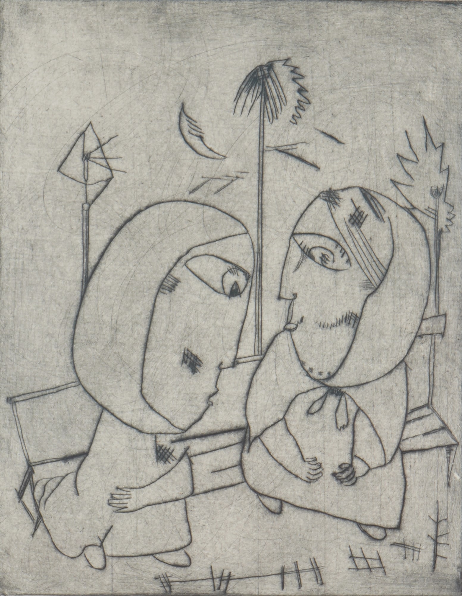Christoph VOLL (1897-1939) chatty women 1921,: drypoint etching, hand-signed C. Voll, from Dresden's creative period (1919?1923) around 1921, german sculptor and graphic artist born 1897 in Munich - 1939 Karlsruhe, depiction of two women in