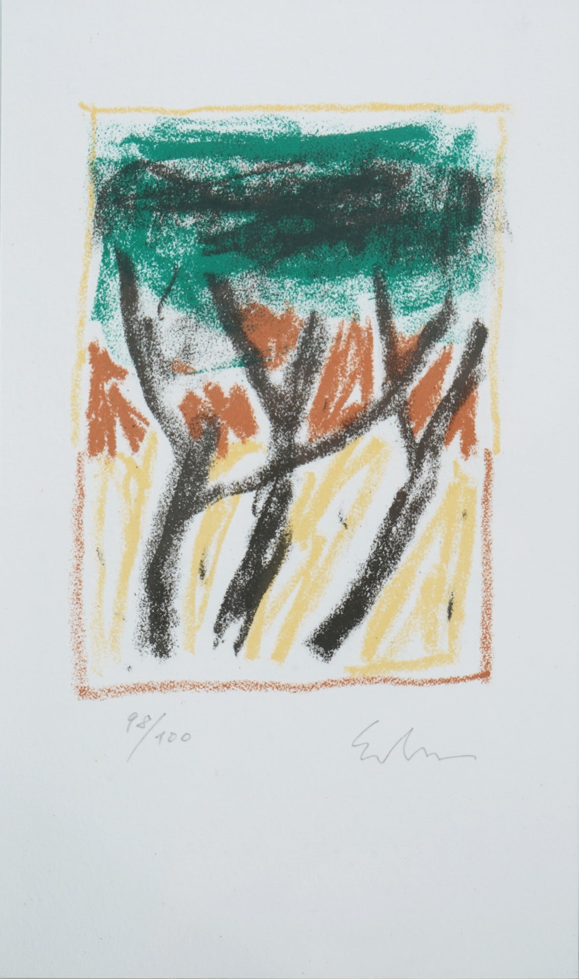 Ulrich Erben (1940) composition,: offset lithograph on handmade paper, hand-signed and limited edition by Erben, german painter born 1940 in Duesseldorf, edition 98/100, cat. no. 500/N002/Er, sheet size approx. H 22 cm x W 13 cm, glaz