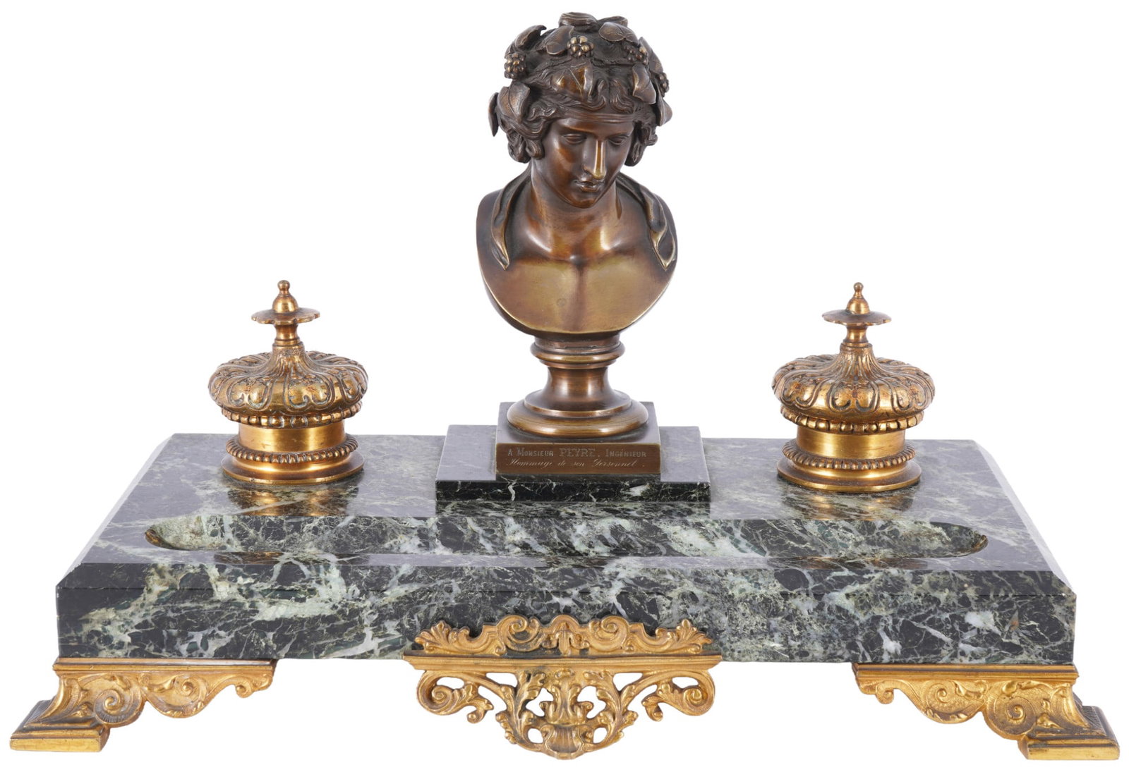 France large bronze Art Nouveau desk set with Bacchus,: bronze/marble, France c. 1908, centered bust of Bacchus (roman god of wine and ecstasy) with central dedication "? Monsieur Peyre, Ingenieur - Hommage de son Personnel", side inscription "Ligne de Mor