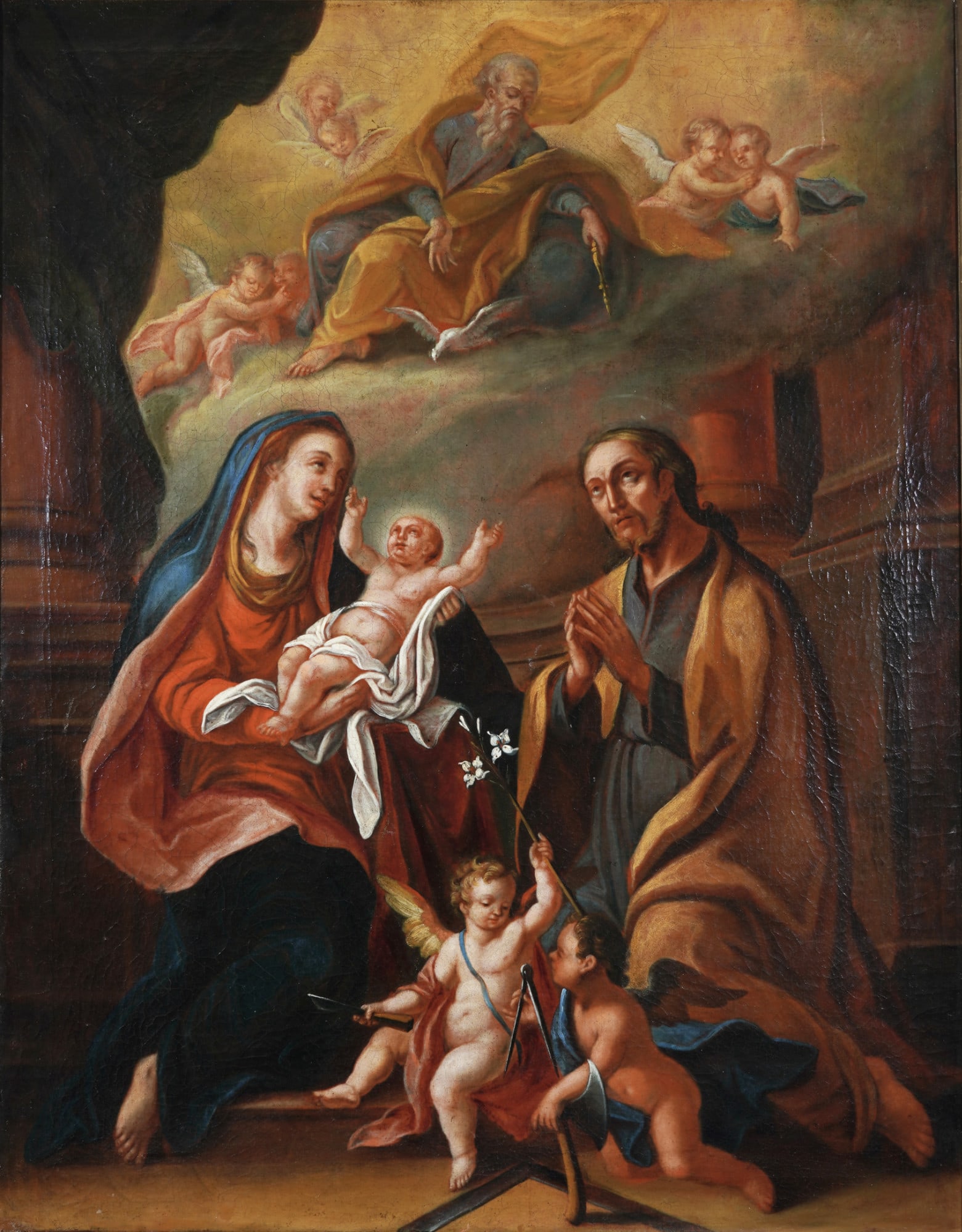 Attributed to Paul Troger (1698-1762), Holy Family,: Oil on canvas (lined on canvas), large format, Holy Family with God the Father and the infant John the Baptist, attributed to the artist Paul Troger, a significant Austrian Baroque painter, born 1698 