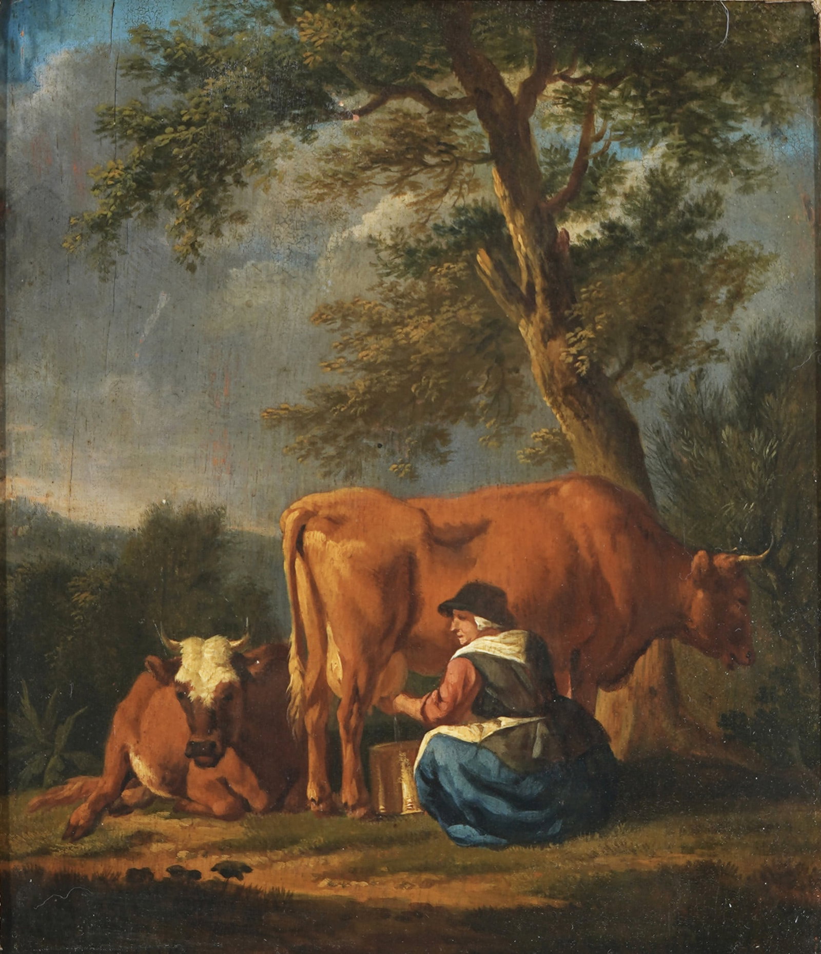 Old Master painting, Netherlands, 17th/18th century - Peasant woman milking (1 of 4)