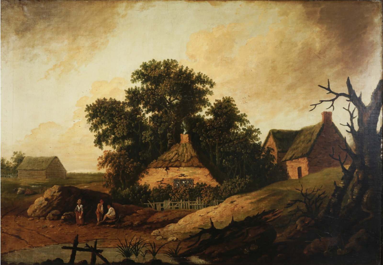 Attributed to John I Crome (1768-1821), Landscape overlooking a village,: Oil on canvas, large format, no discernible signature, verso old adhesive label attributing to John Crome by Friedlaenger, English landscape painter born 1768 in Norwich - 1821, H 82 cm x W 117 cm, fr