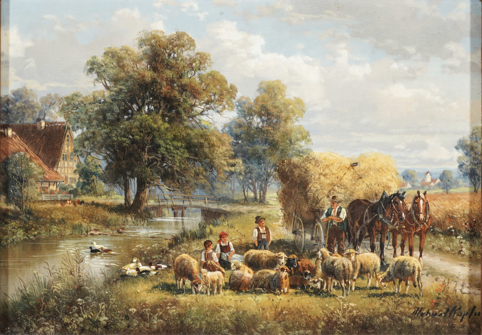 Hubert KAPLAN (1940-2024) Farm scene with flock of sheep and hay wagon, (1 of 5)