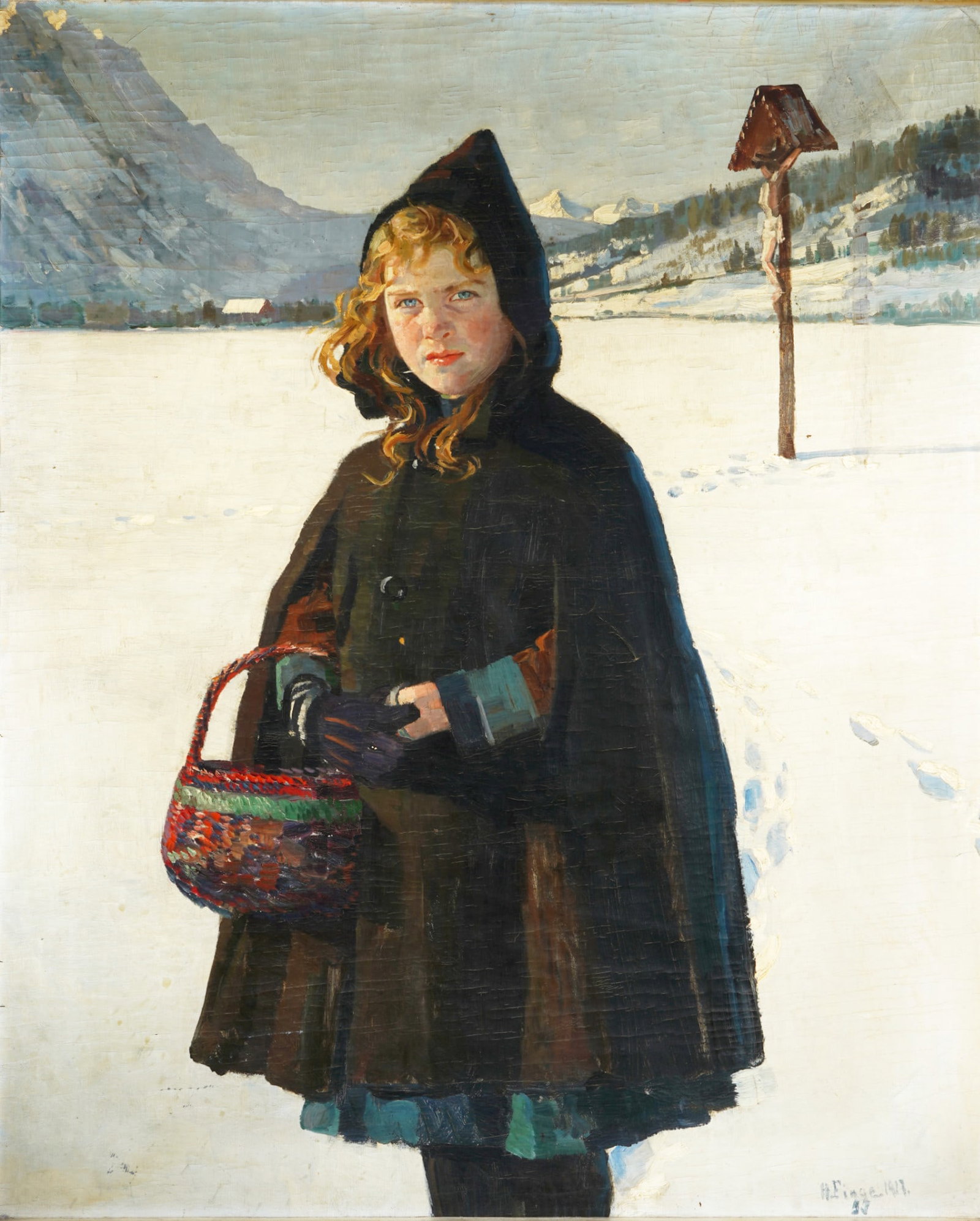 Hugo FIGGE (1881-1956) Winter Landscape with Girl in Black Cloak 1917,: Oil on canvas, large format, signed and dated lower right H. Figge 1917, lived in Duesseldorf from 1904, then later in Berlin, depicting a young girl with blond hair and a dark cloak in a snowy winter