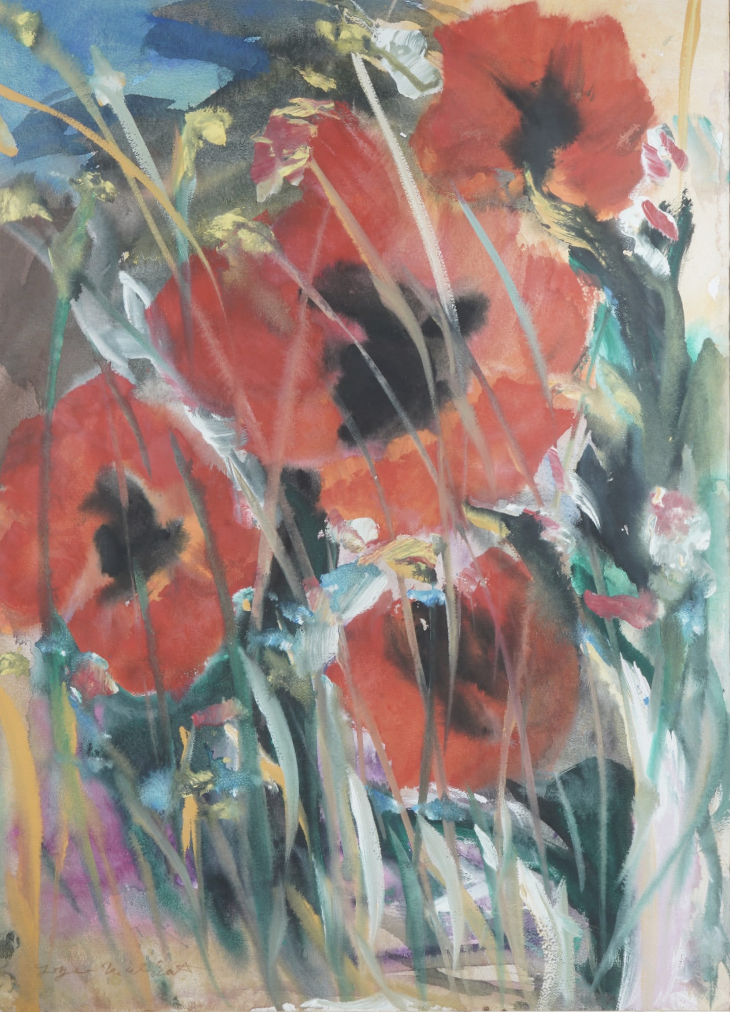 Lothar Malskat (1912/13-1988) Still Life - Blooming Poppies at the Edge of a Field,: Watercolors on paper, signed lower left Lothar Malskat, German painter born 1913 in Koenigsberg - 1988 Wulfsdorf near Luebeck, visible dimensions in passe-partout 73 cm x 53 cm, framed behind glass 94