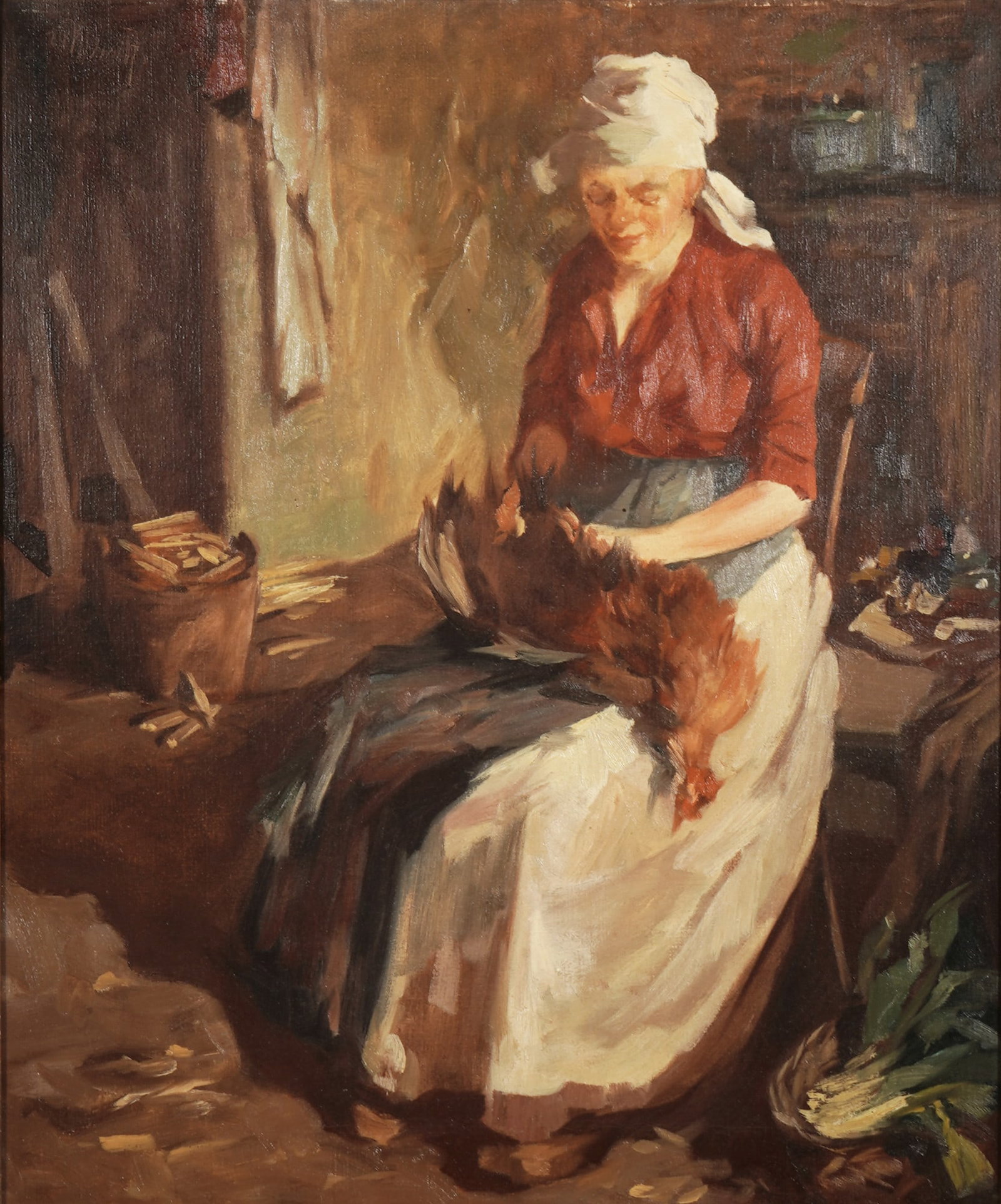 Maid plucking chickens, signed, (1 of 4)