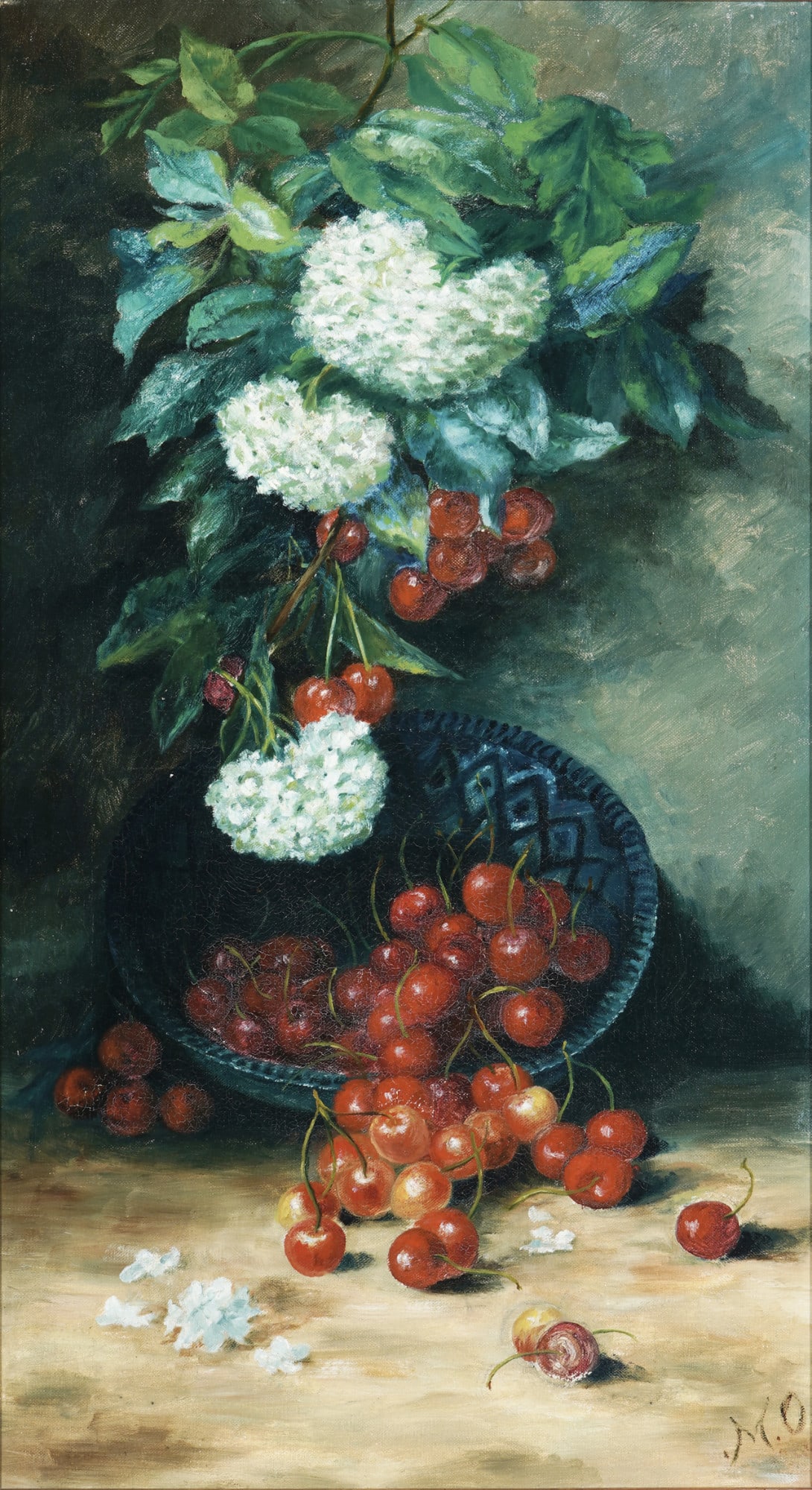 Still life with snowball blossoms and cherries, monogrammed M.O. (1 of 4)