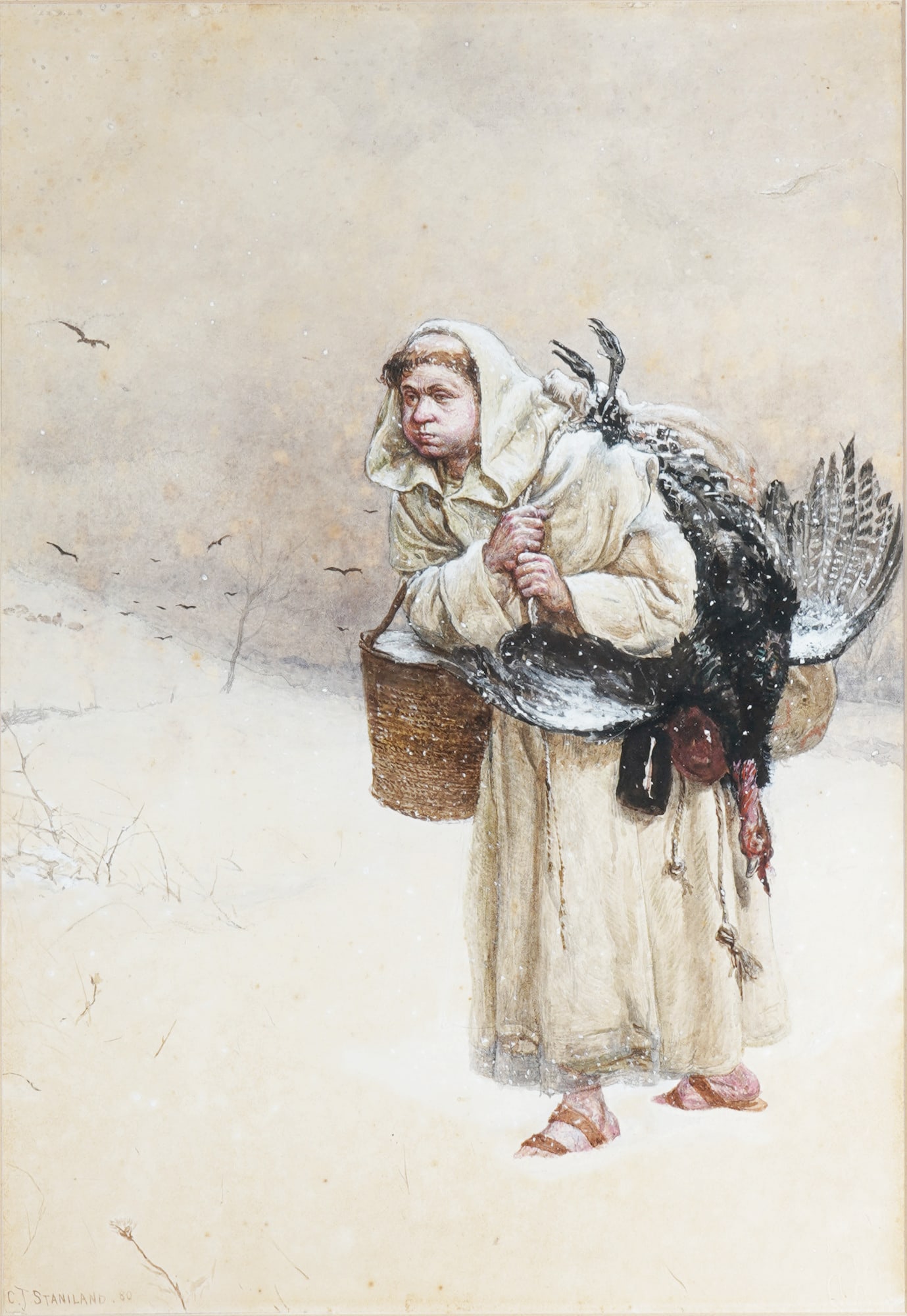 Charles Joseph Staniland (1838-1916) Winter walk home with hunting spoils,: Watercolor on paper, signed and dated lower left C.J. Staniland (18)80, Winter homecoming of a peasant woman with hunted game, British genre, history and marine painter, born 1838 - 1916, visible dime
