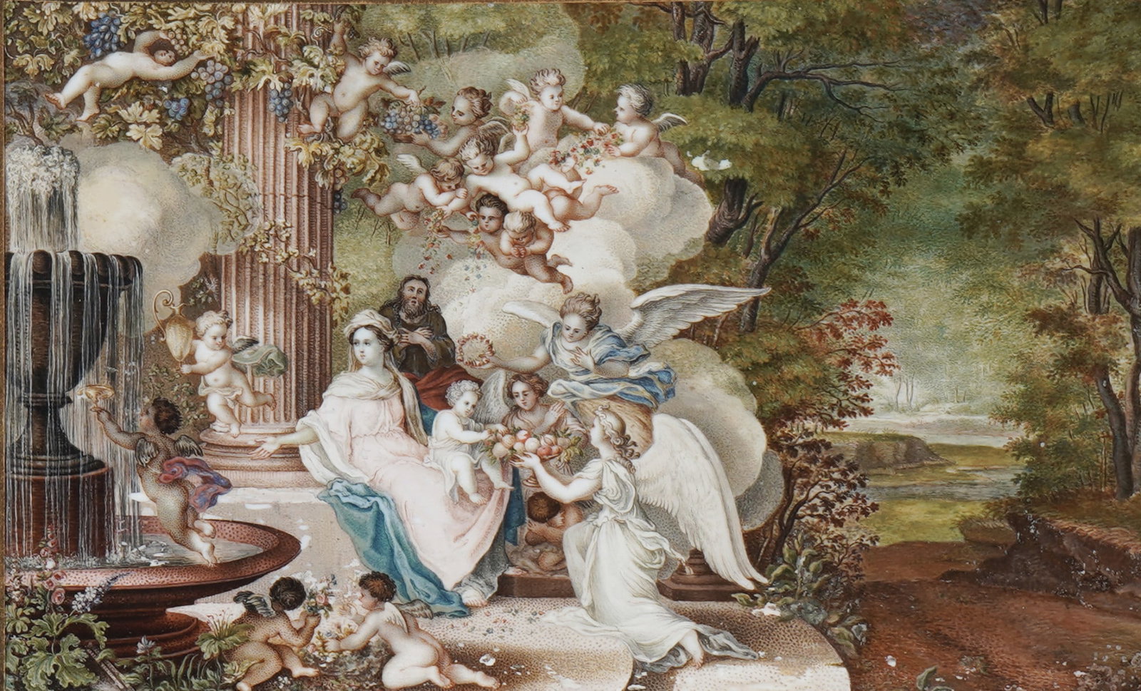 Mythological scene, 18th/19th century: Watercolor on paper, unsigned, verso with old inscriptions and dates of birth and death, depicting the goddess Flora with putti and cupids, visible dimensions H 10.5 cm x W 17.5 cm, frame 18.5 cm x 25