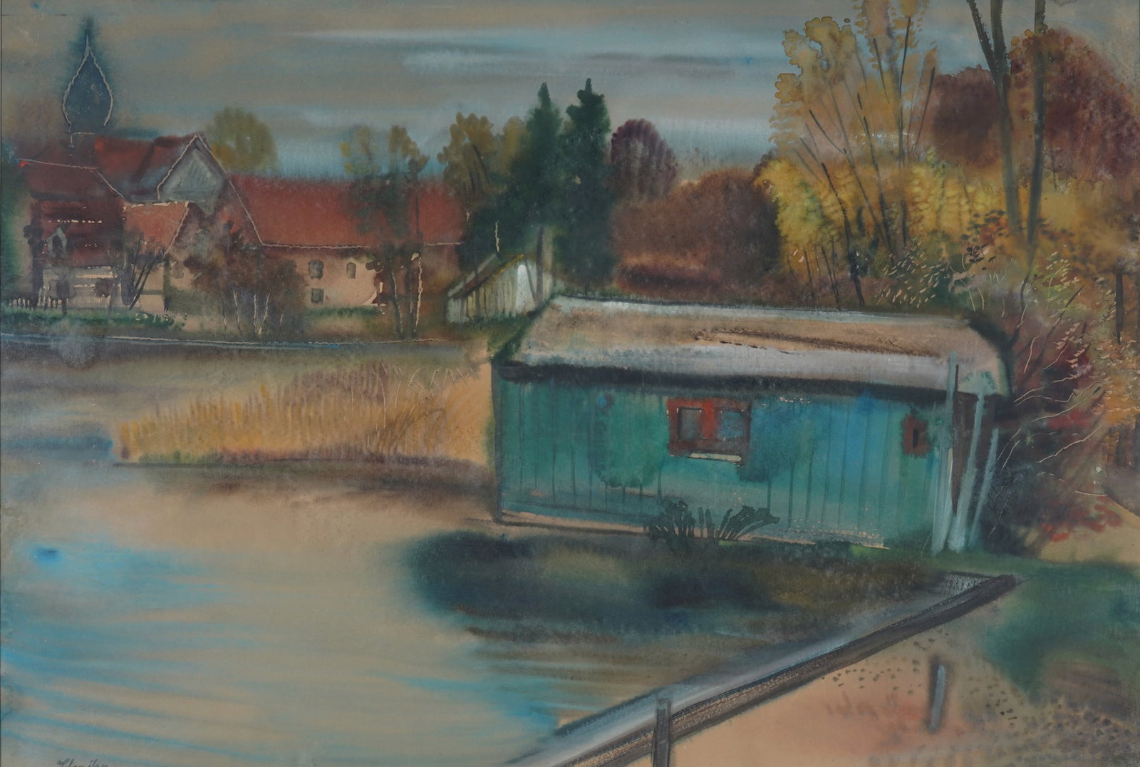 Emil Juergen Scheibe (1914-2008) Village landscape with boathouse on the water, (1 of 5)