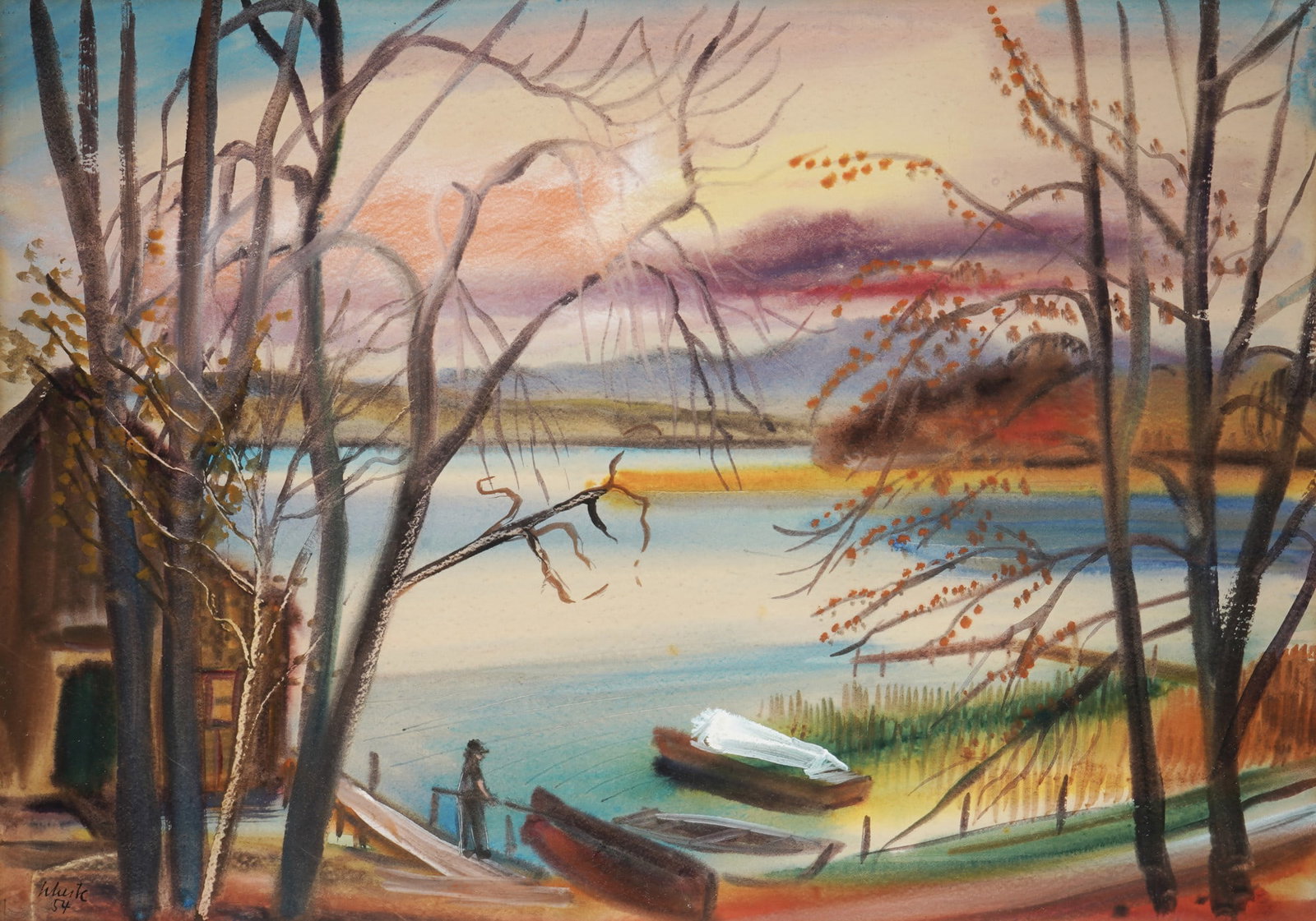 Emil Juergen SCHEIBE (1914-2008) Evening lake landscape with boats and jetty 1954, (1 of 5)