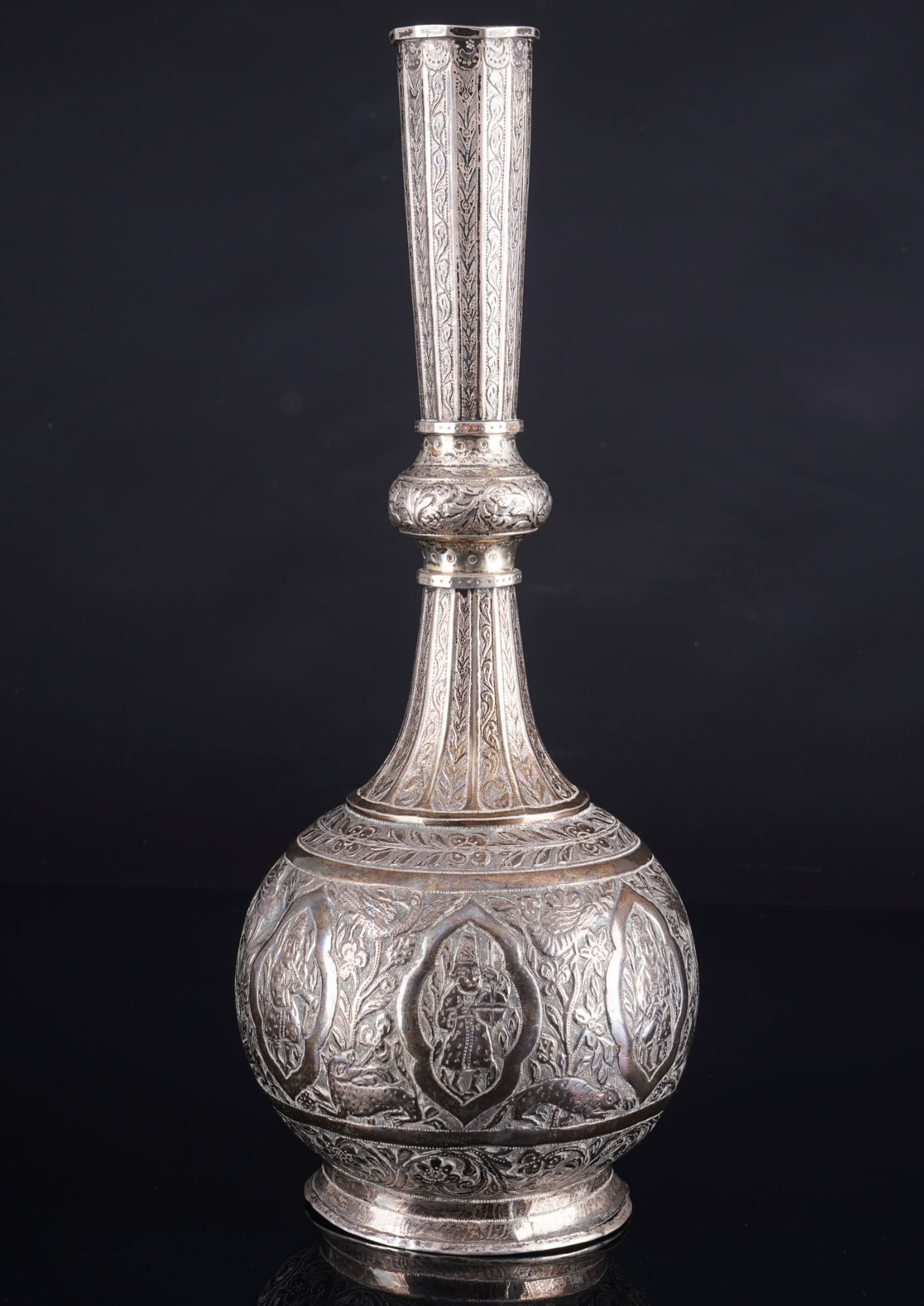 Russia 84 Zolotniki silver rose water - gulabdan,: silver 875/000 (84 Zolotniki), Russia Moscow, stamped 84 + assay mark Nikolai Lukitsch Dubrovin "??"(ND) 1874? + Mikhail Goloshchapov (1883-1912) ?? master mark, bulbous bottle shape, rich chasing wor