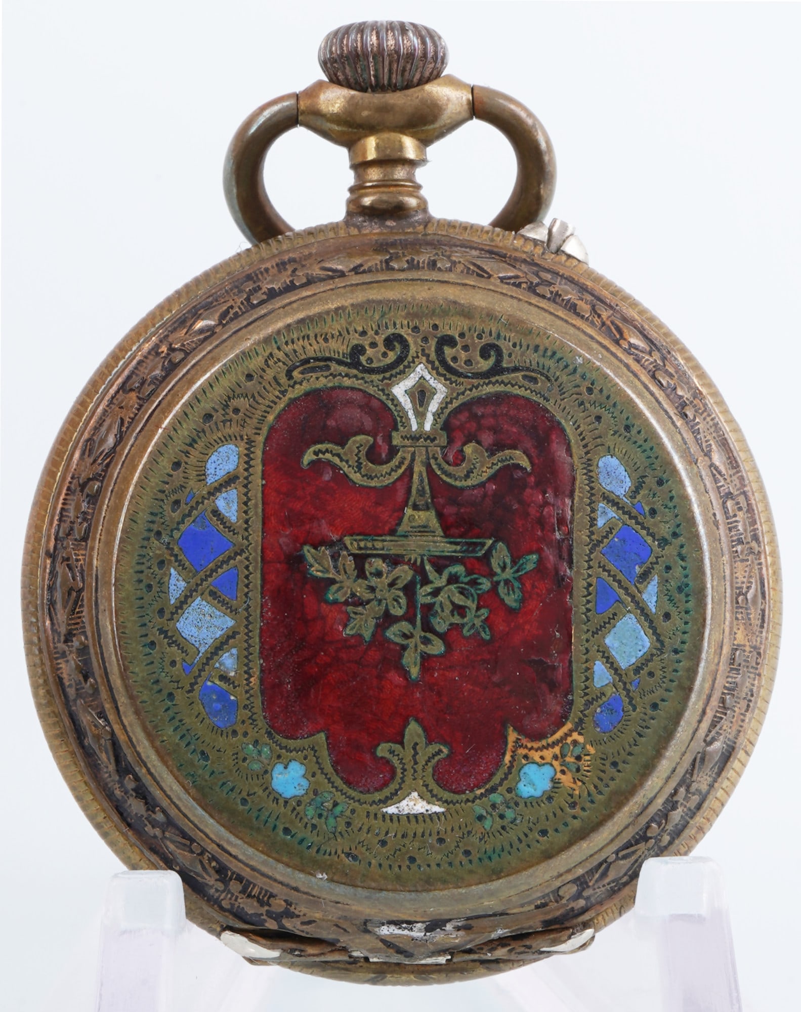 Ladies' pocket watch with enamel painting circa 1900,: Gilt metal case, hinged lid and back cover feature a magnificent red enamel cartouche with a floral relief motif and ornamental inlay in blue, green and black, porcelain dial with Roman numerals, H 45