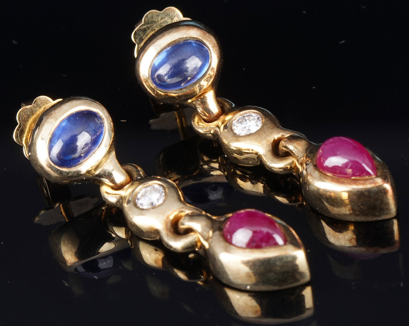 585 Gold Pair of Drop Earrings / Stud Earrings with Sapphire, Ruby and Diamonds, (1 of 6)