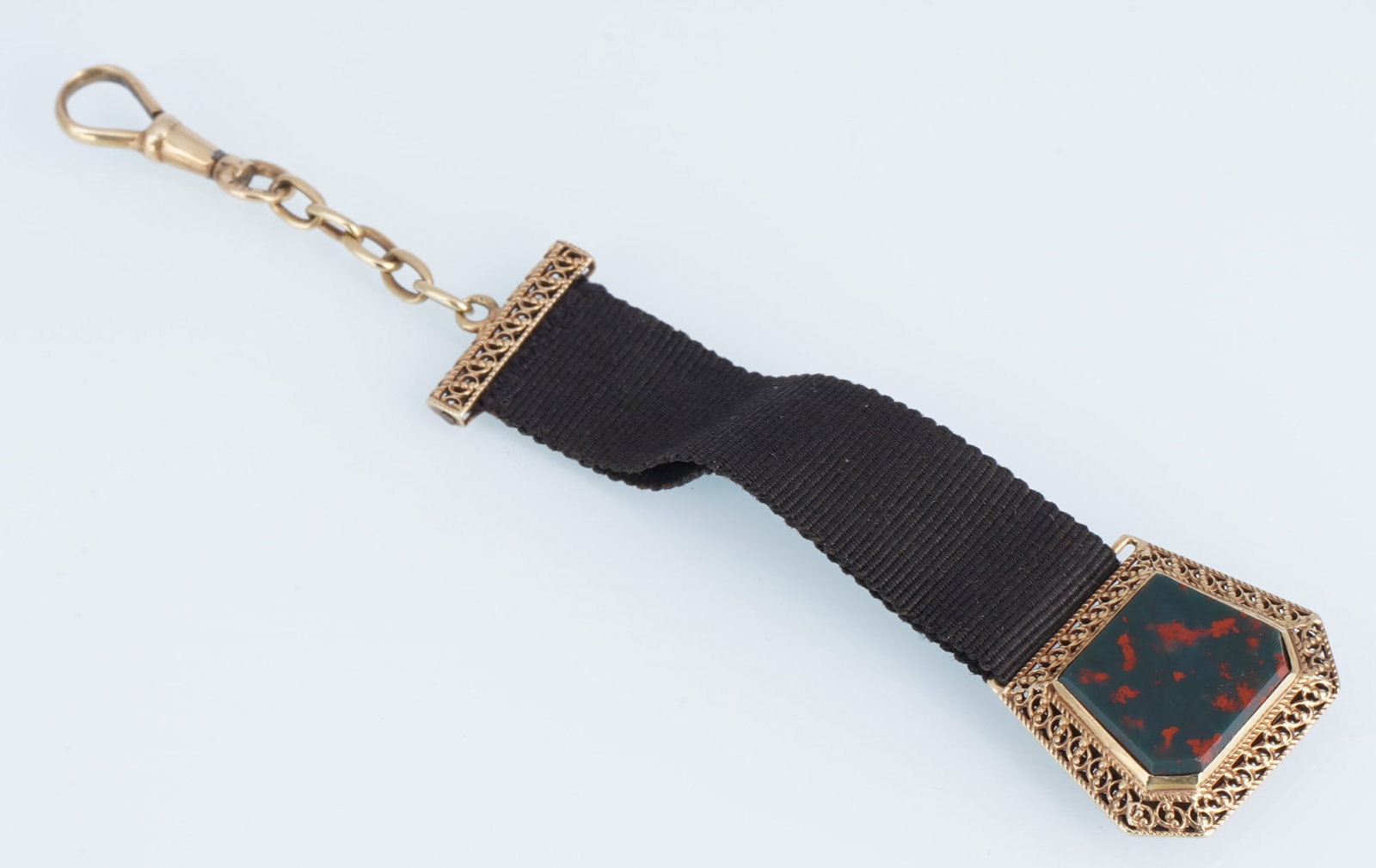 585 gold pocket watch chain with blood jasper pendant, (1 of 4)
