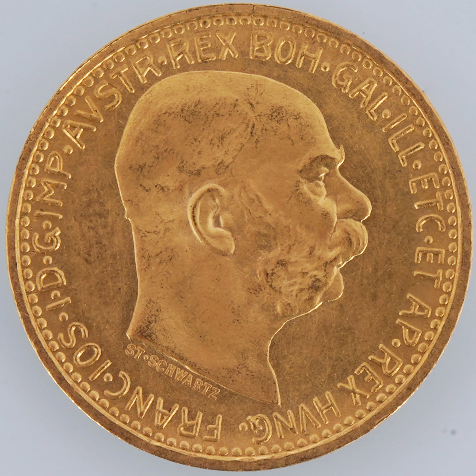 Gold coin 10 crowns 1912 - Austria with Franz Joseph I,: Gold 900/1000, Austrian gold coin 1912 restrike, 10 crowns, obverse with Emperor Franz Joseph I, reverse double eagle with imperial crown, diameter 19 mm, weight: 3.4 g
