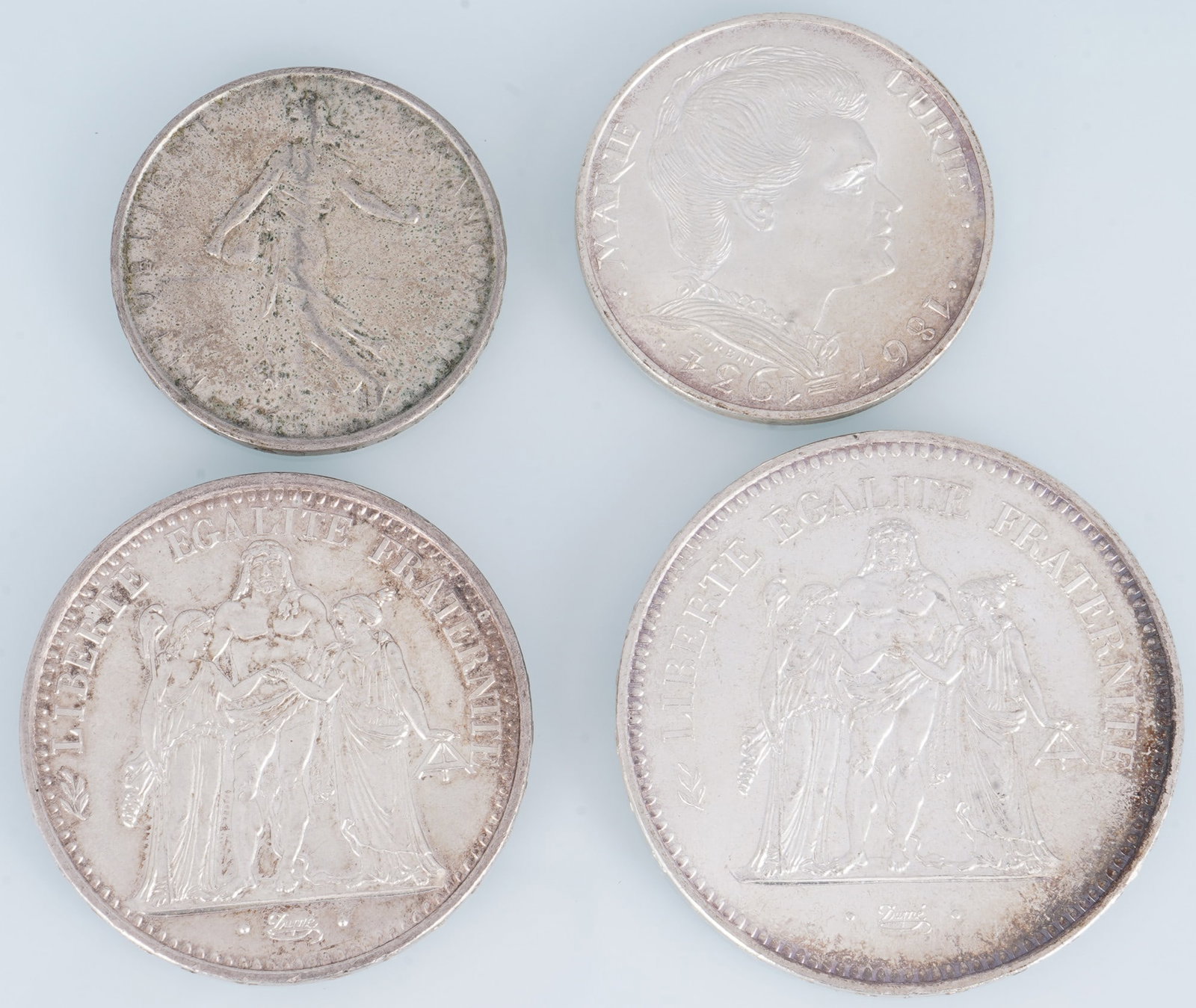 3 silver coins 900/1000 and 1 nickel, 5 - 100 francs, (1 of 2)
