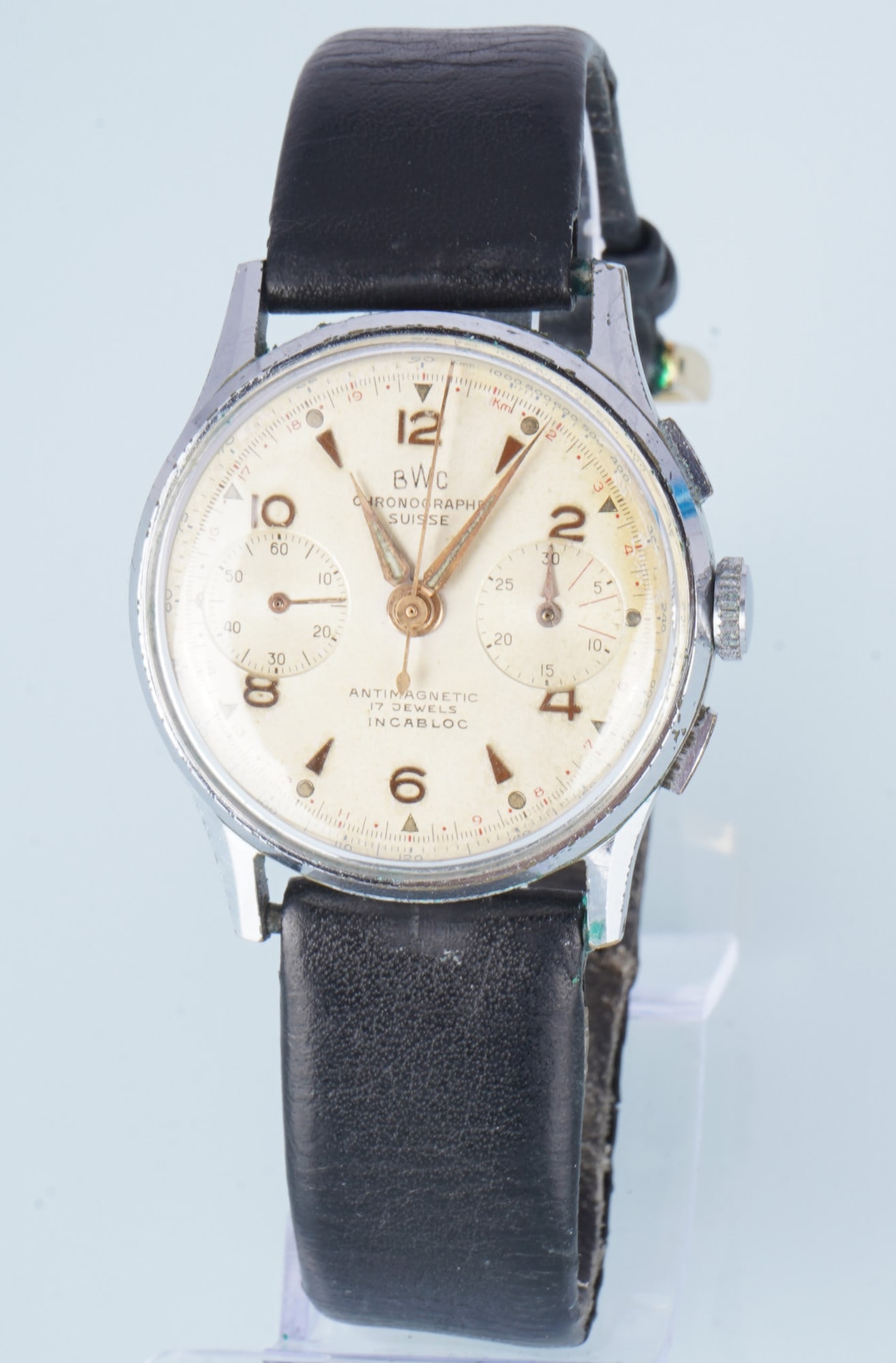 BWC Chronographe Suisse Men's Wristwatch: Stainless steel case, 1950s/1960s, manual winding, leather strap with pin buckle, 40 mm high x 35 mm wide (including crown), weight 42 grams, not working, leather strap shows signs of wear