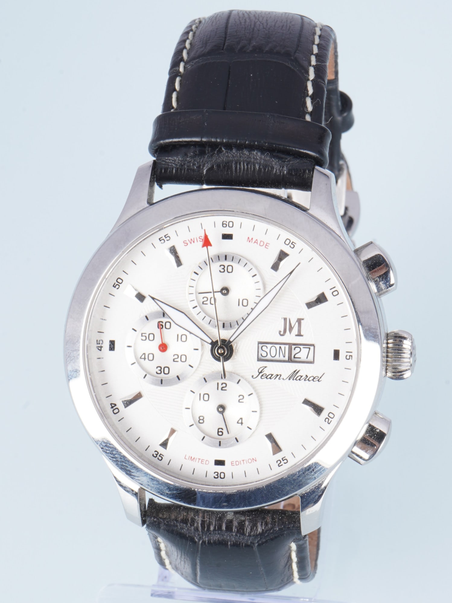 Jean Marcel Semper Chronograph Limited Edition Automatic Men's Wristwatch: HAU, stainless steel case, model 160.230 Limited Edition, Swiss automatic movement, leather strap, sapphire crystal, height 50 mm x width without crown 45 mm, weight 123 grams, fully functional, like 