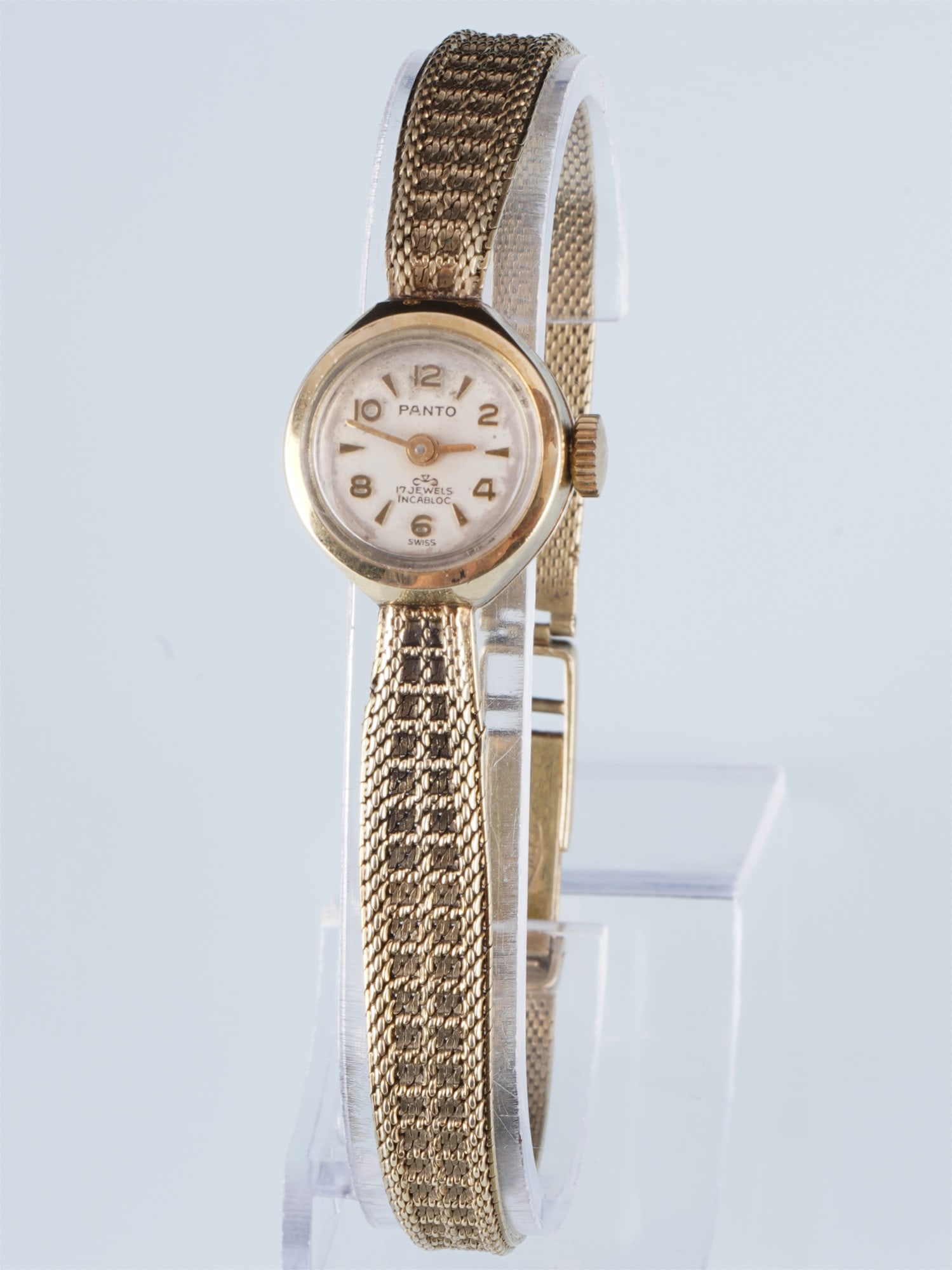 Panto 585 Gold Ladies' Wristwatch: 14K yellow gold (GG 585), stamped 14K 0.585, mechanical movement, hand-wound, also 14K gold bracelet with folding clasp, 18 cm long, light-colored dial, 16 mm thick including crown, weight 15 grams, w