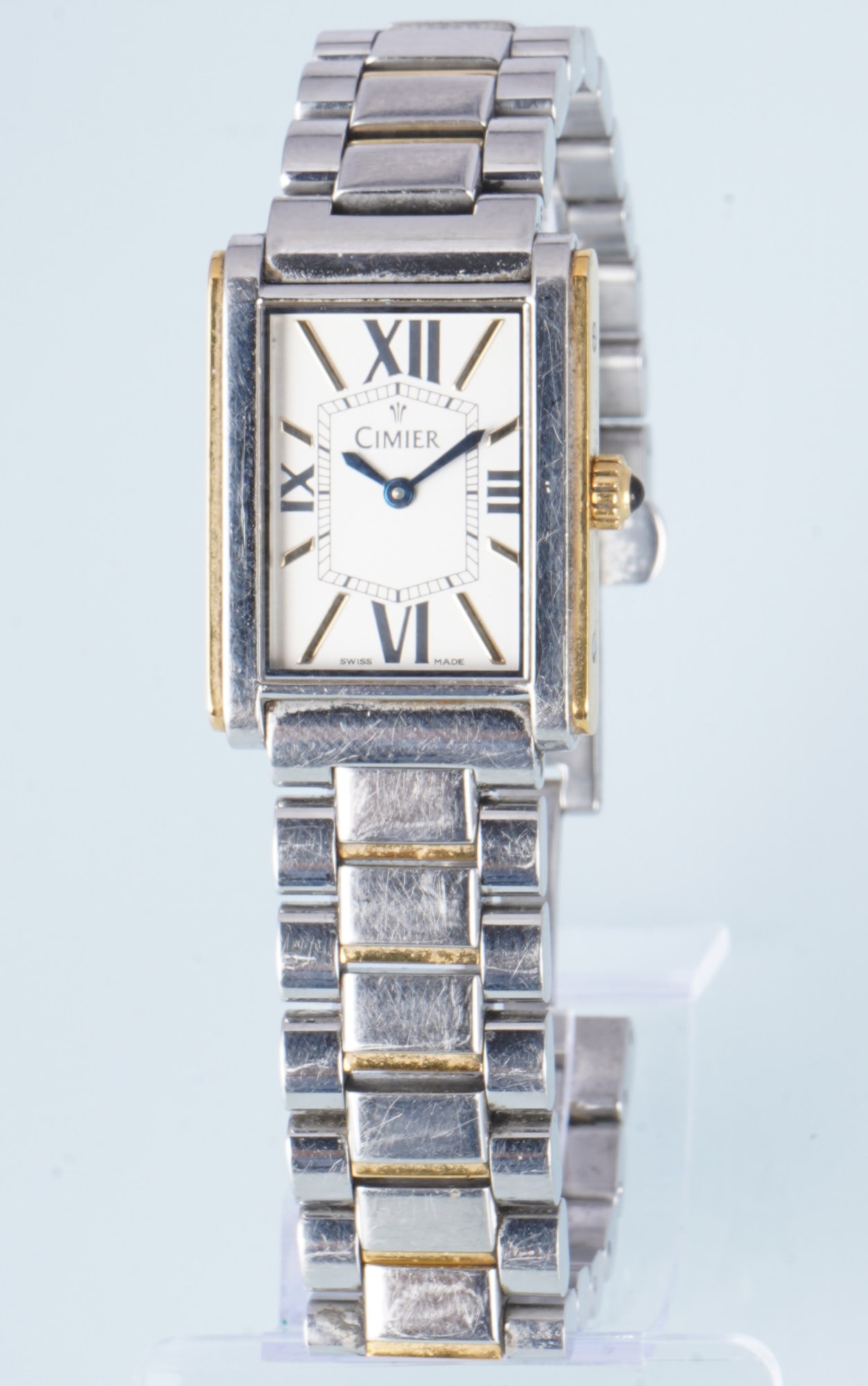 Cimier Lady Winglet Women's Wristwatch: Stainless steel case, partly gold-plated, Lady Winglet model, quartz movement, light dial, sapphire crystal, H 30 mm x W with crown 25 mm, weight 89 grams, battery empty, untested