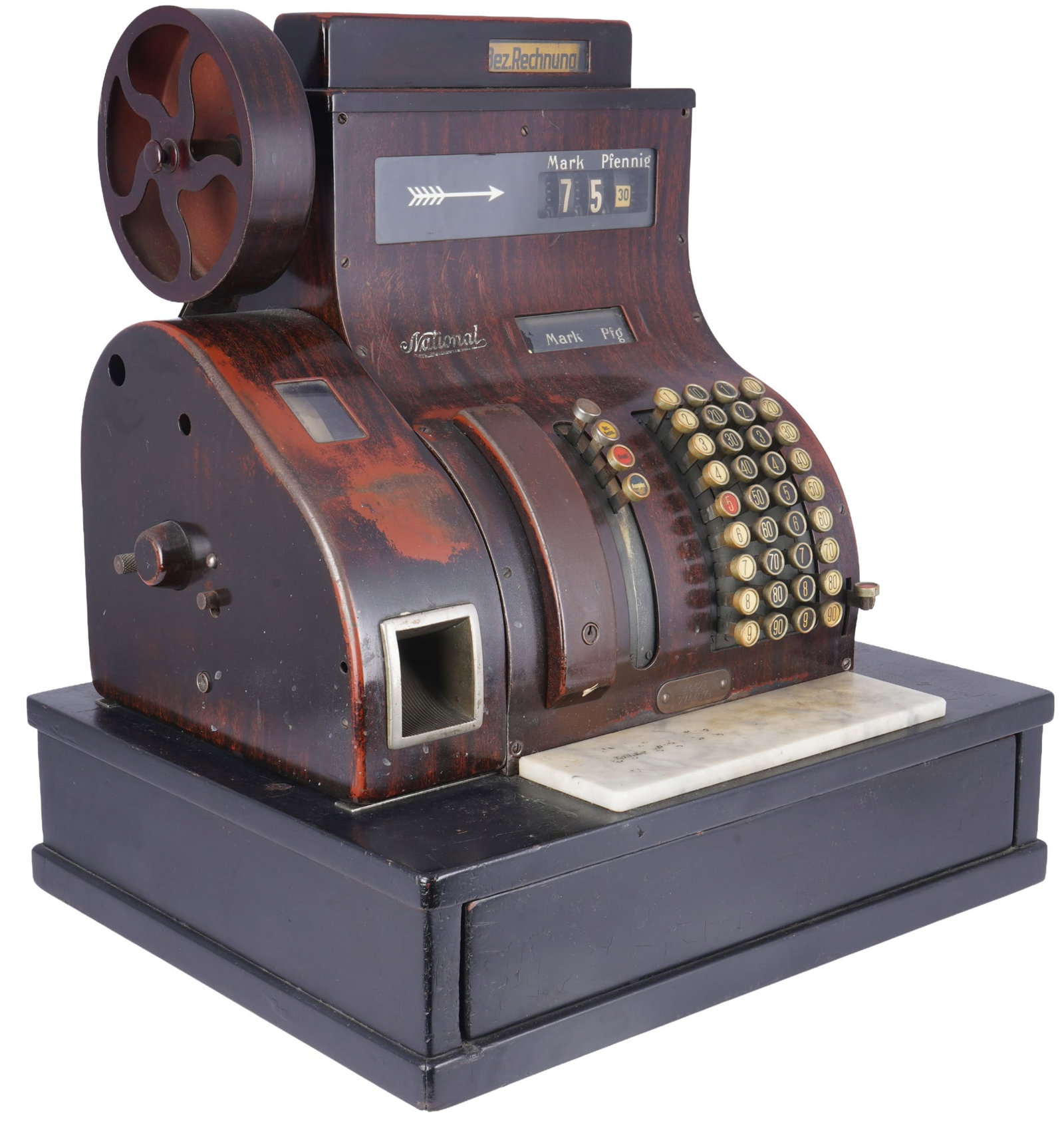 Museum-quality large National cash register circa 1910-1930,: Wooden case and white marble work surface, manufactured between approximately 1910 and 1930, by The National Cash Register Co. mbH, Berlin (originally from Dayton, Ohio, USA), keys in German currency