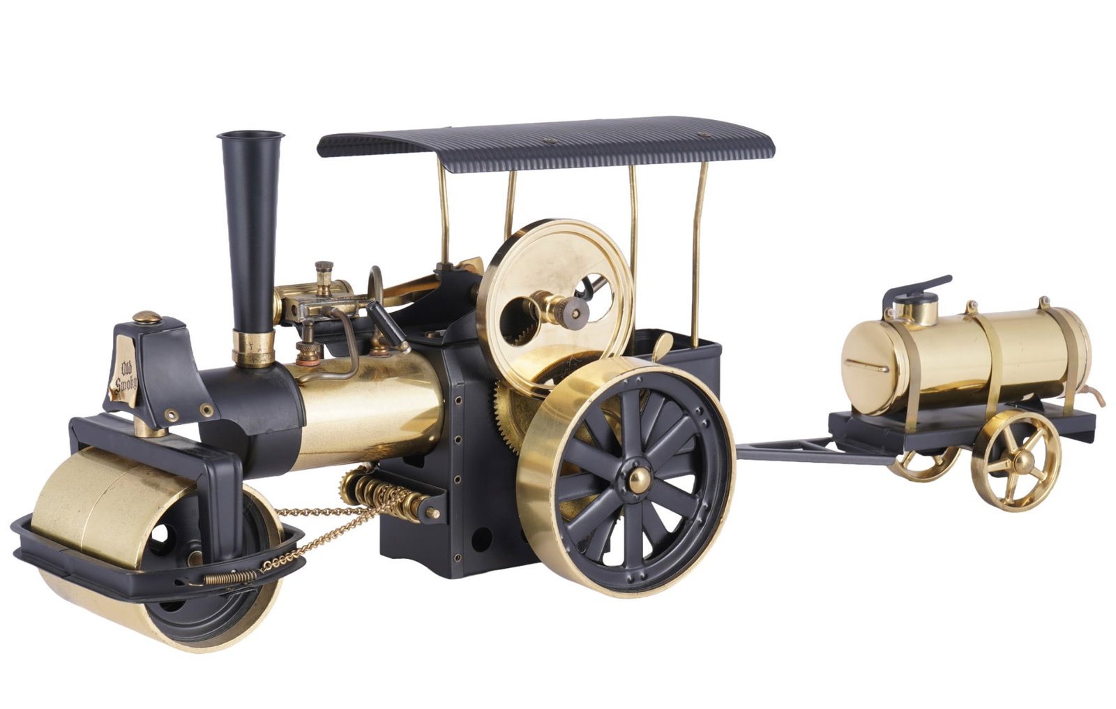 Wilesco Steamroller "Old Smoky" D367 with Sprinkler Truck,: Metal / brass, made in West Germany, a detailed replica of a mobile road steamroller, fully functional steam engine, with single-axle Wilesco trailer, Steamroller #D367 H 19.5 cm x L 33 cm x W 14 cm,