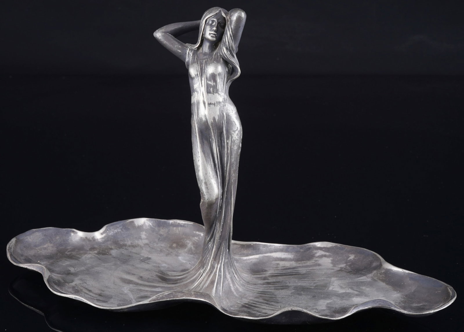 WMF Art Nouveau decorative bowl with nymph,: Britannia metal / silver-plated, stamped WMFB + as + I/O, Art Nouveau bowl circa 1900-1905, central Art Nouveau nymph whose flowing dress merges into two side bowls, H 21 cm x W 35 cm x D 16.5 cm,