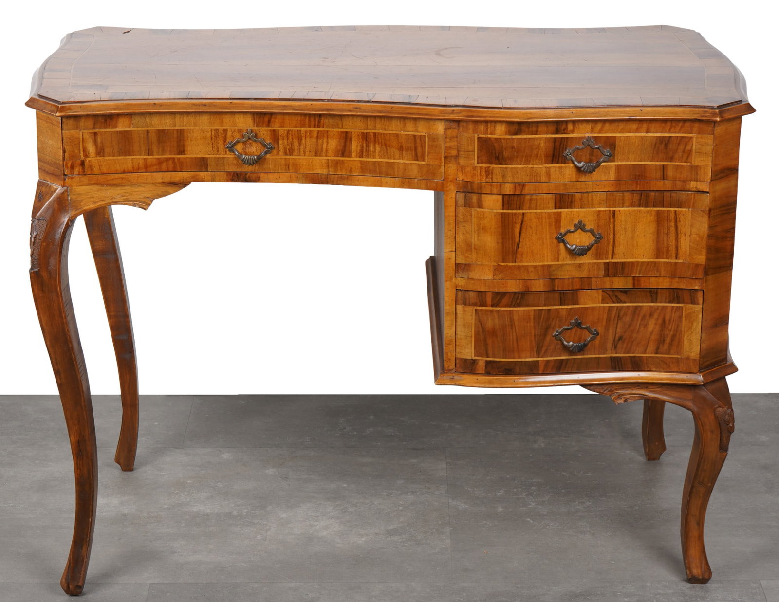 Ladies' desk in Biedermeier style,: walnut, 20th century, curved shape with S-shaped legs and a symmetrical arrangement of drawers, four drawers, H 75 cm x W 100 cm x D 52 cm, signs of wear, minor defects, wood chips at the foot end