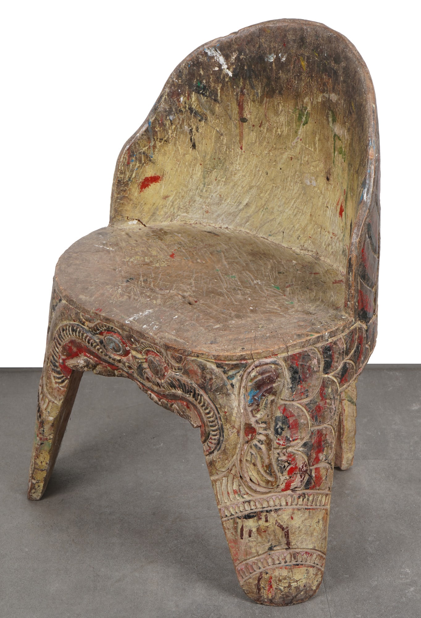 Chair with Rakshasa mask, Bali, Indonesia: Completely handcrafted wooden chair with paintings, Indonesia, Bali, three-legged with a high and rounded backrest featuring a Rakshasa mask, H 60 cm x W 46 cm x D 35 cm, seat height 30.5 cm, wood