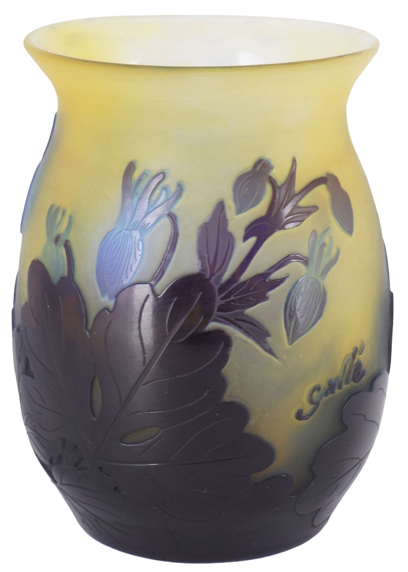 Emile Galle (1846-1904) Ornamental vase with columbine,: Glass, France Nancy before 1904, signed Galle, with columbine decoration, yellow and blue overlaid, H 12 cm x W 9 cm x D 8.5 cm, rubbed