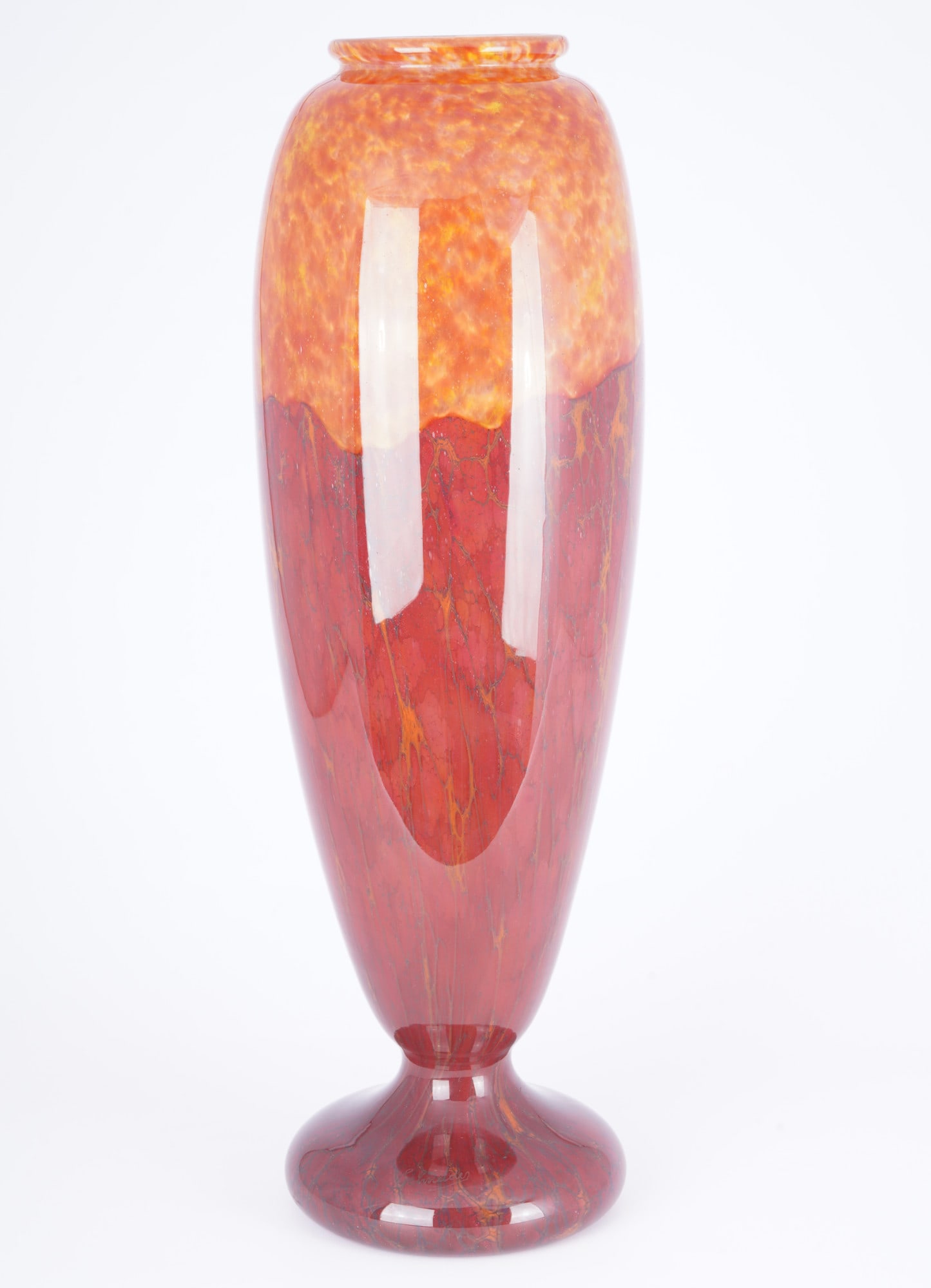 Charles Schneider (1881 1953) Large Art Deco Vase,: colorless glass with dense, bright orange-red powder inclusions, France / epinay-sur-Seine around 1920/25, signed on the stand, H 62.5 cm x D 19.5 cm, pinprick firing marks