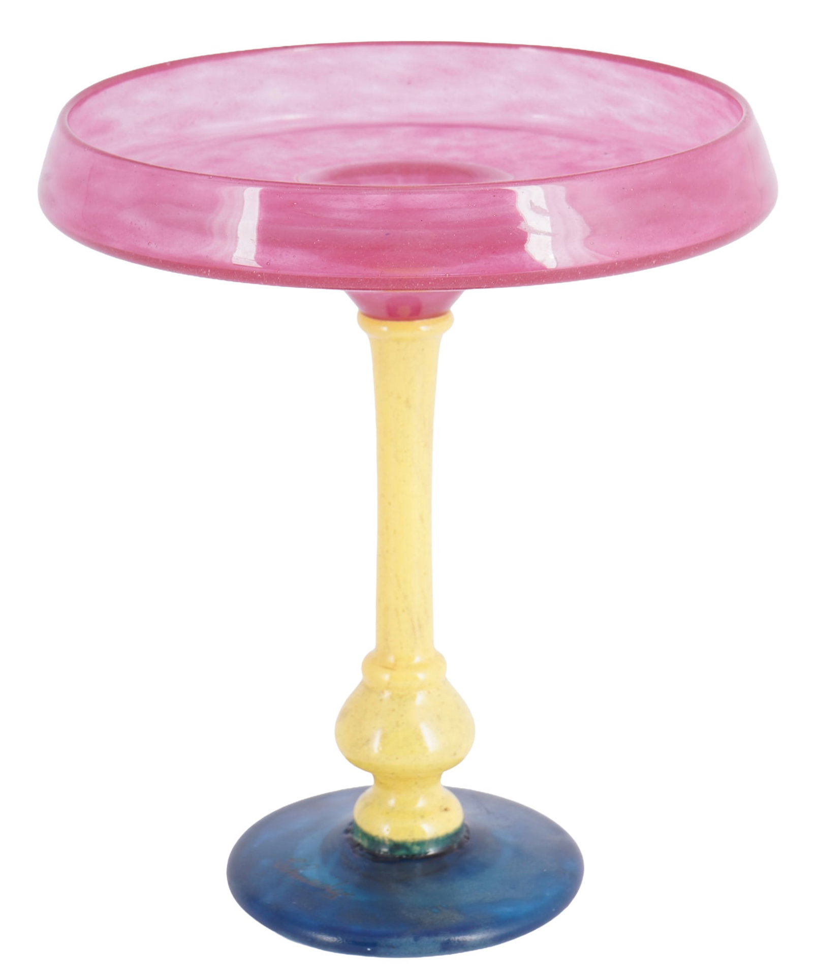 Charles Schneider Art Deco countertop bowl: Glass, France, Epinay-sur-Seine, circa 1918-1933, signed Schneider on the base, shallow bowl on a knotted stem and round foot, blue/yellow/pink powder inclusions, H 18 cm x D 16 cm
