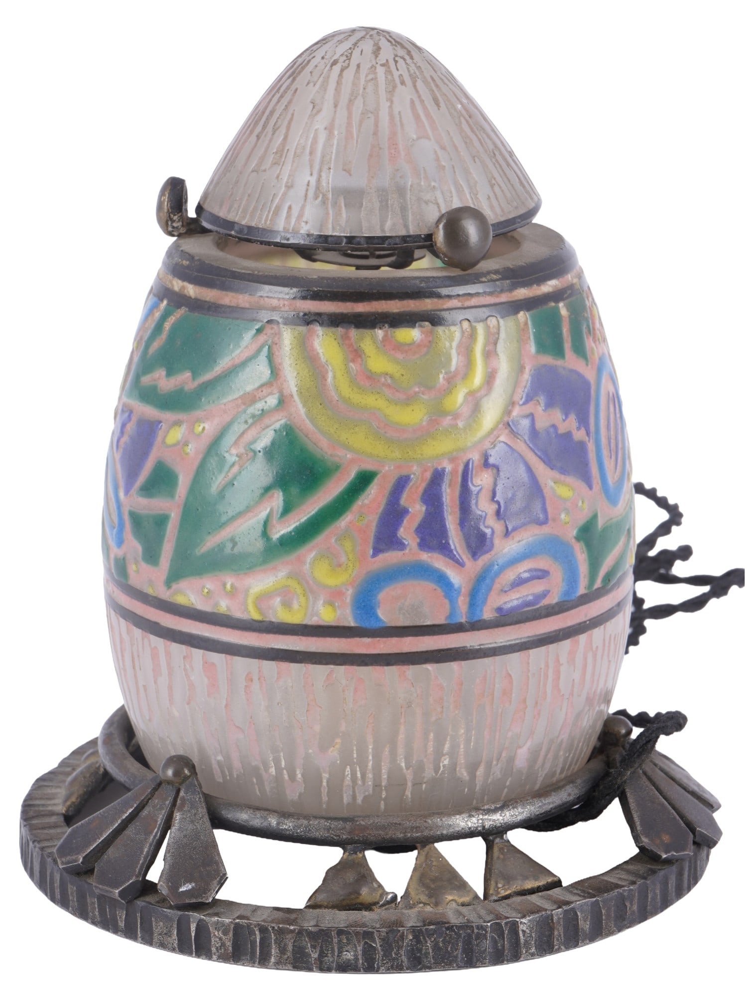 Andre Delatte (1887 1953) Art Deco table lamp: France, Nancy, circa 1920-1930, company inscription "Delatte Nancy", egg-shaped glass body with colorful, relief decoration of stylized leaves, flowers and ornamental forms on a metal stand, H 15 cm