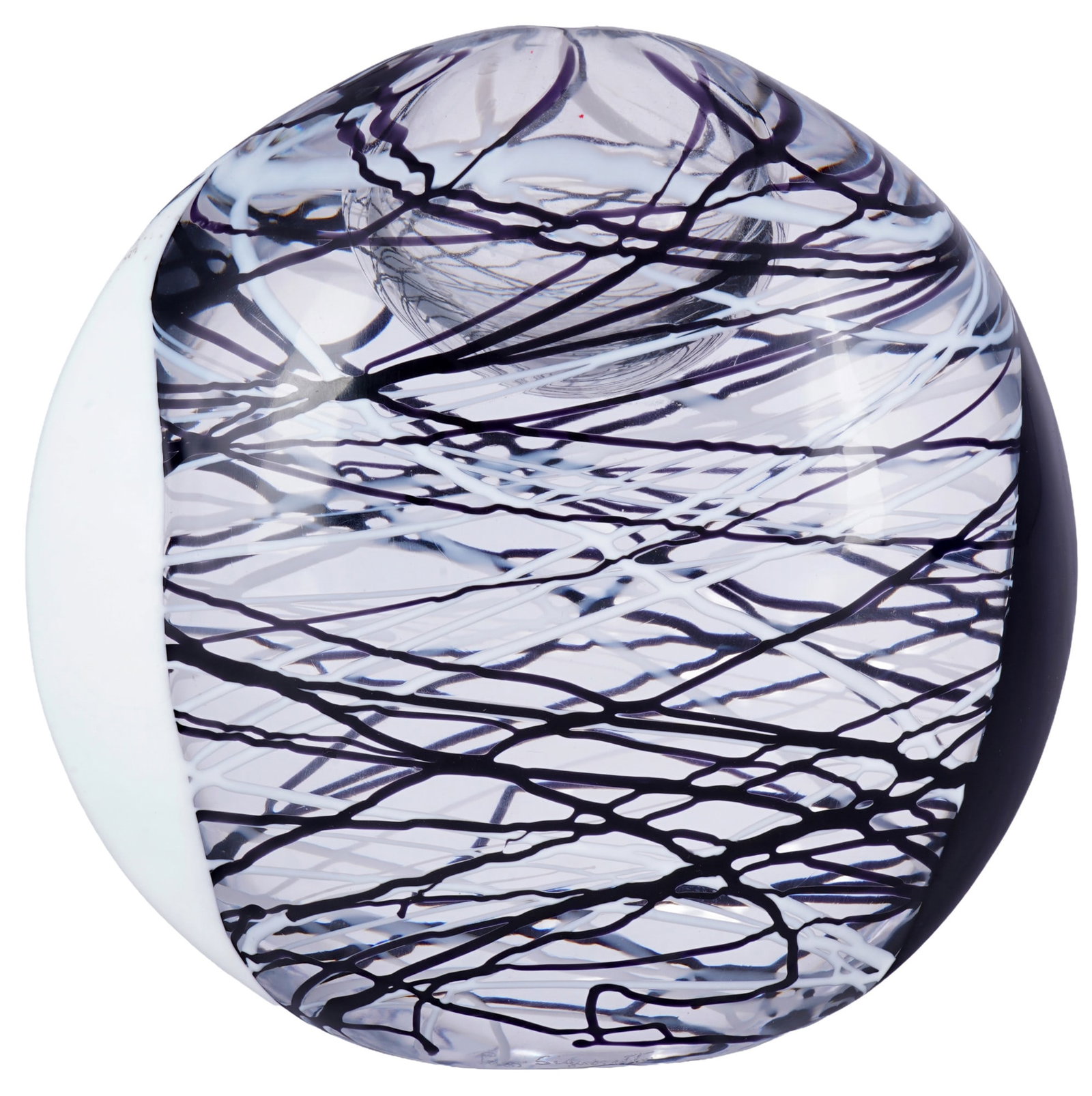 Pino Signoretto (1944-2017) heavy lenticular glass vase - Murano,: Glass, signed Pino Signoretto, "Vaso Lente" - lenticular body, entwined with net-like black and white glass filaments, flanked by a white and black section, H 24.5 cm x W 25.5 cm x D 11 cm, weight
