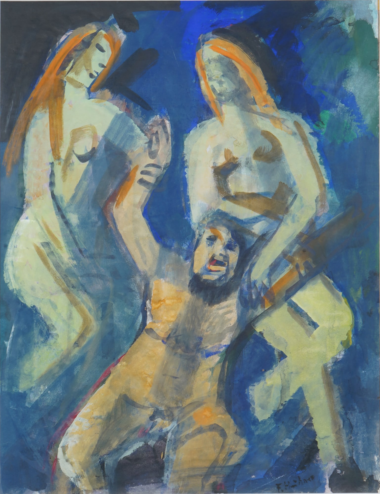 Fritz HUHNEN (1895-1981) expressive figure composition,: mixed media gouache on paper, signed and dated F. Huhnen lower right, with a label on the reverse, was a german painter, illustrator, and stage designer, born 1895 in Krefeld - died 1981 in Willich