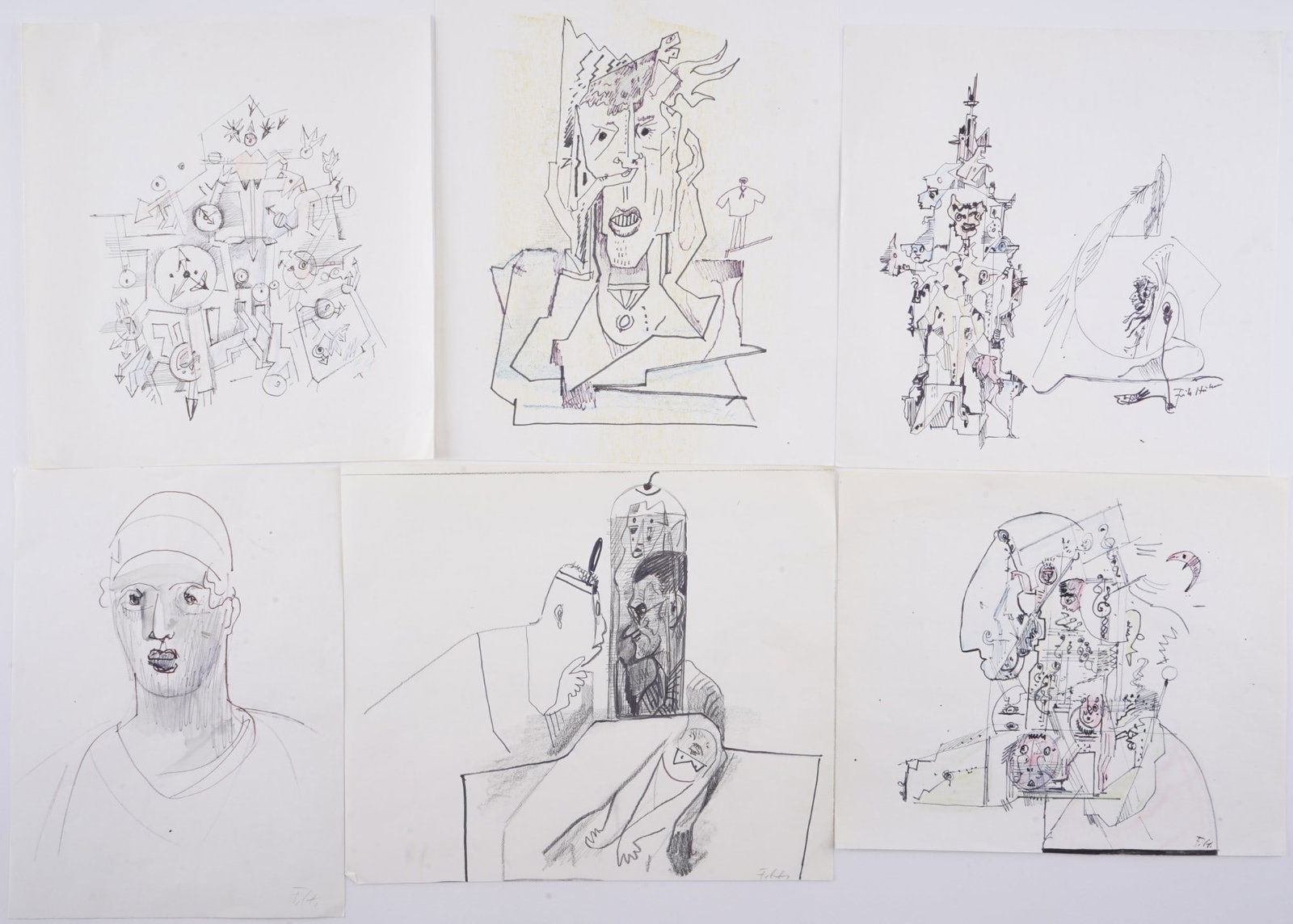 Fritz HUHNEN (1895-1981) Six Drawings / Studies,: Mixed media (ink, pencil and pen), all signed Fritz Huhnen / F. H., German painter, illustrator and stage designer, born 1895 in Krefeld - 1981 Willich, H 22.5 cm x W 19 cm, H 21 cm x W 20.5 cm, H 21 